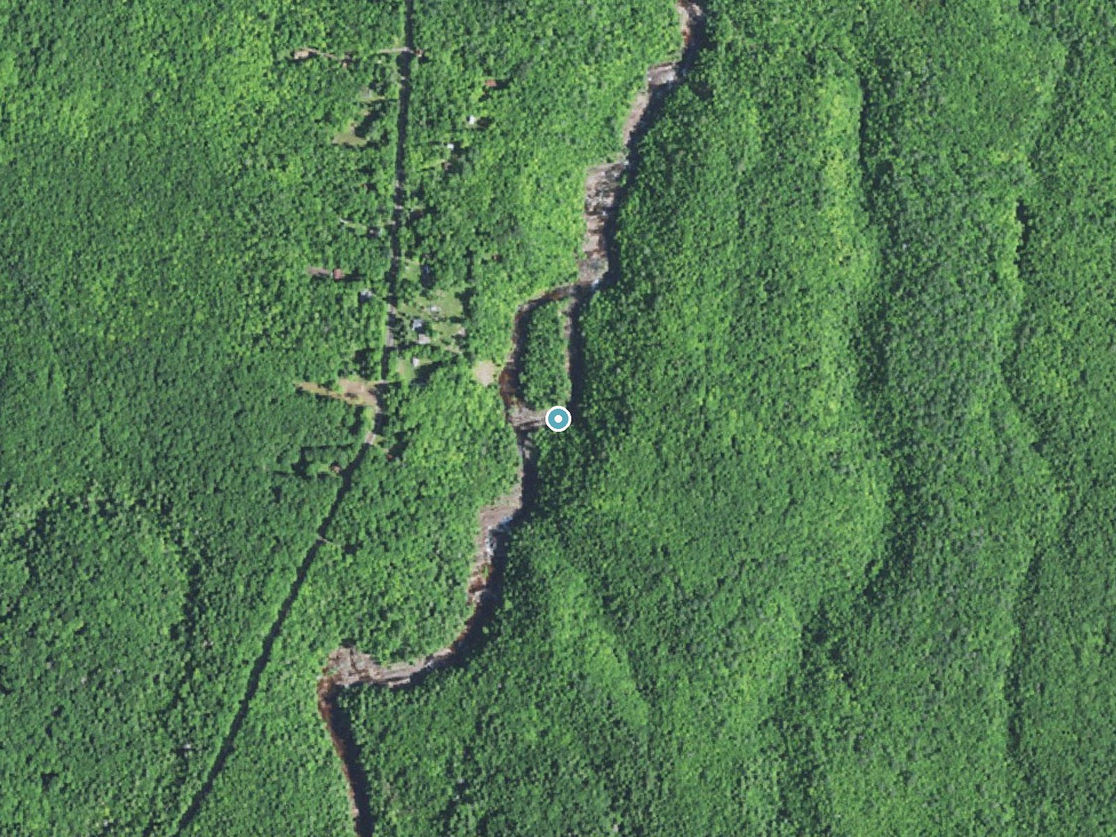 Aerial photo of the same ground around Sandstone Falls near Bessemer, Michigan, for comparison with the lidar view