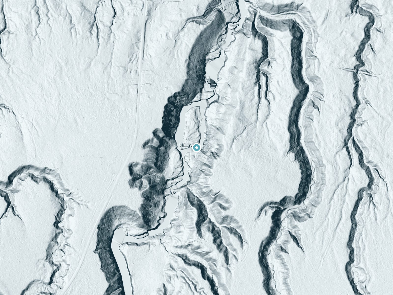 LiDAR bare-earth terrain around Sandstone Falls near Bessemer, Michigan, showing about 108 feet of drop, a steep tiered drop, facing northwest