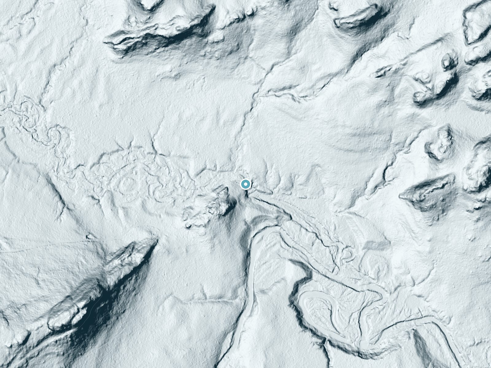 LiDAR bare-earth terrain around Cascade Falls near Bergland, Michigan, showing about 62 feet of drop, a long cascade, facing east