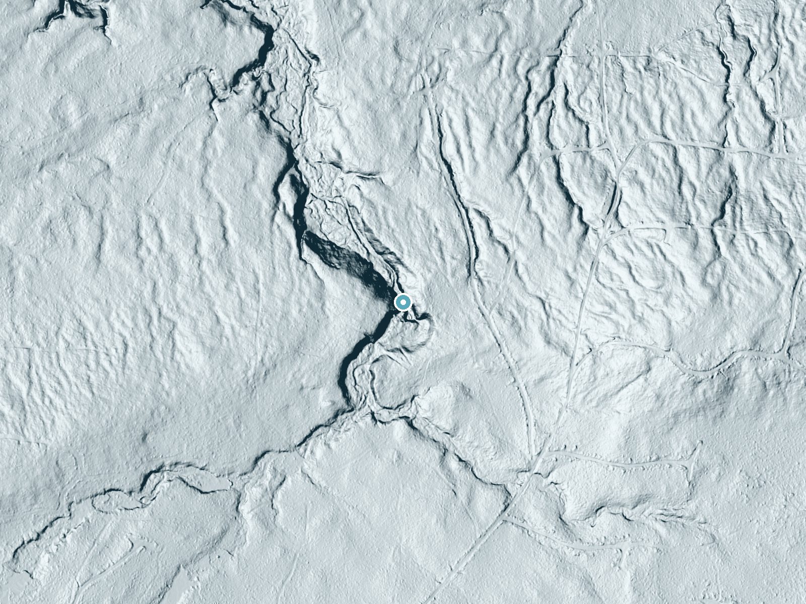 LiDAR bare-earth terrain around Deer Creek Falls near Lake Gogebic, Michigan, showing about 66 feet of drop, a long cascade, facing northwest