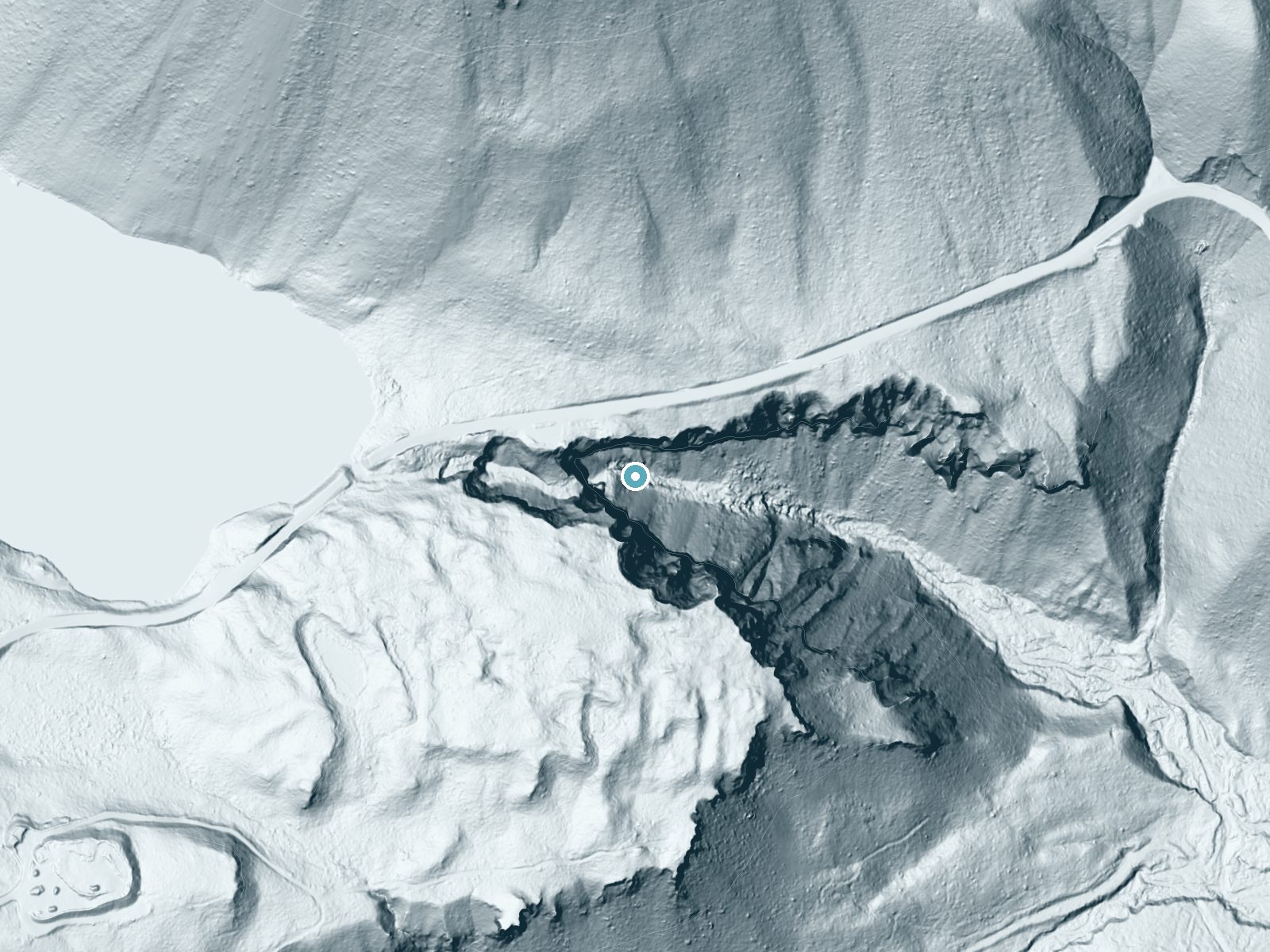 LiDAR bare-earth terrain around Clear Creek Falls near Packwood, Washington, showing about 481 feet of drop, a single sheer drop, facing southeast