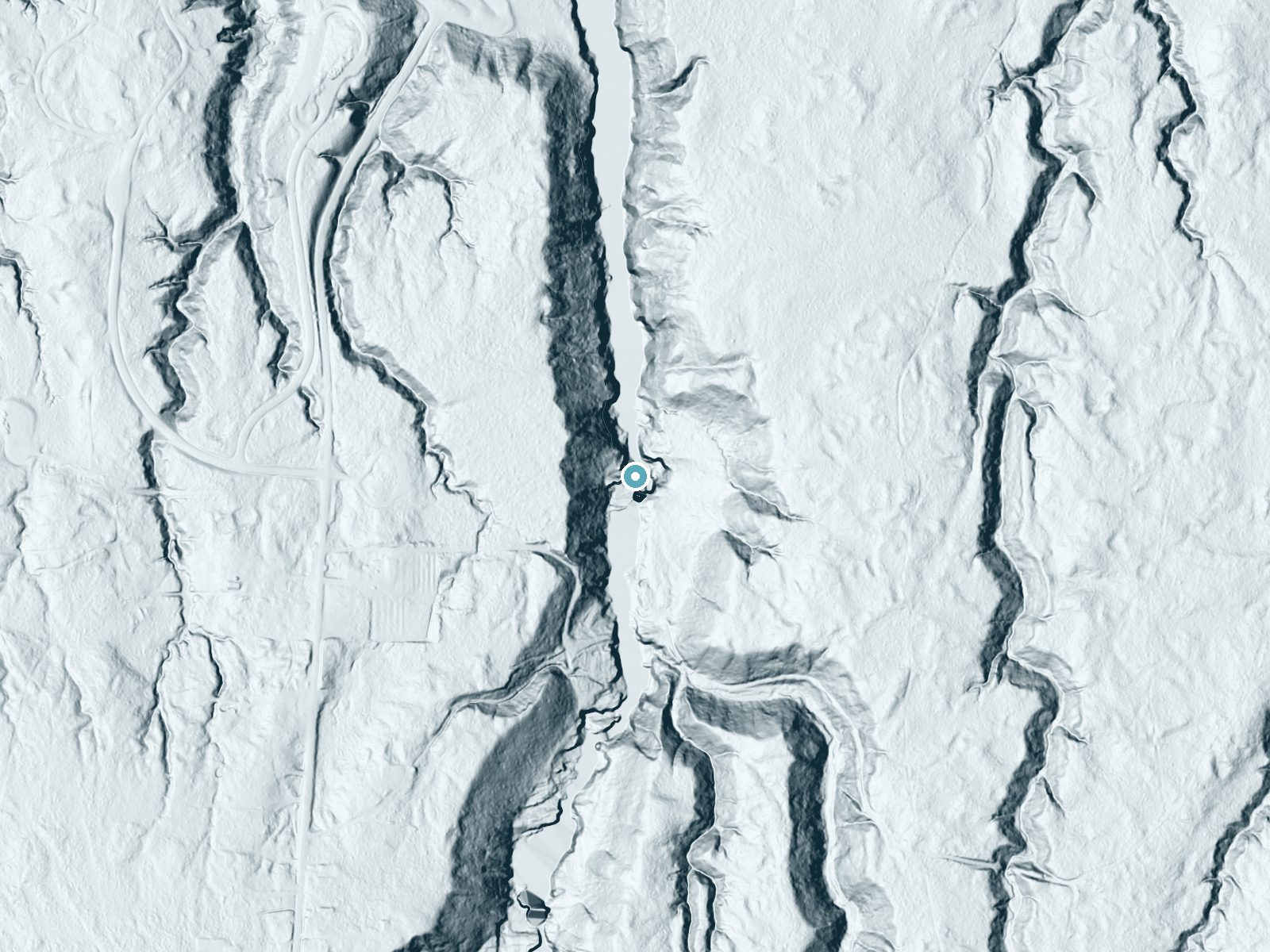 LiDAR bare-earth terrain around Rainbow Falls near Bessemer, Michigan, showing about 123 feet of drop, a steep tiered drop, facing northeast