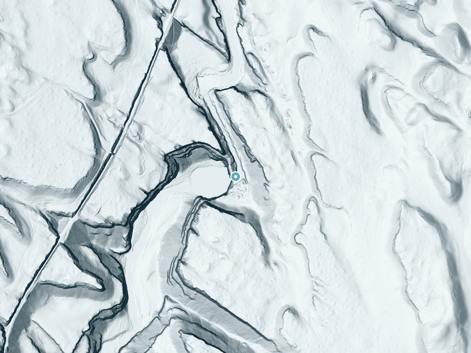 LiDAR bare-earth terrain around Palouse Falls near Washtucna, Washington, showing about 304 feet of drop, a single sheer drop, facing west