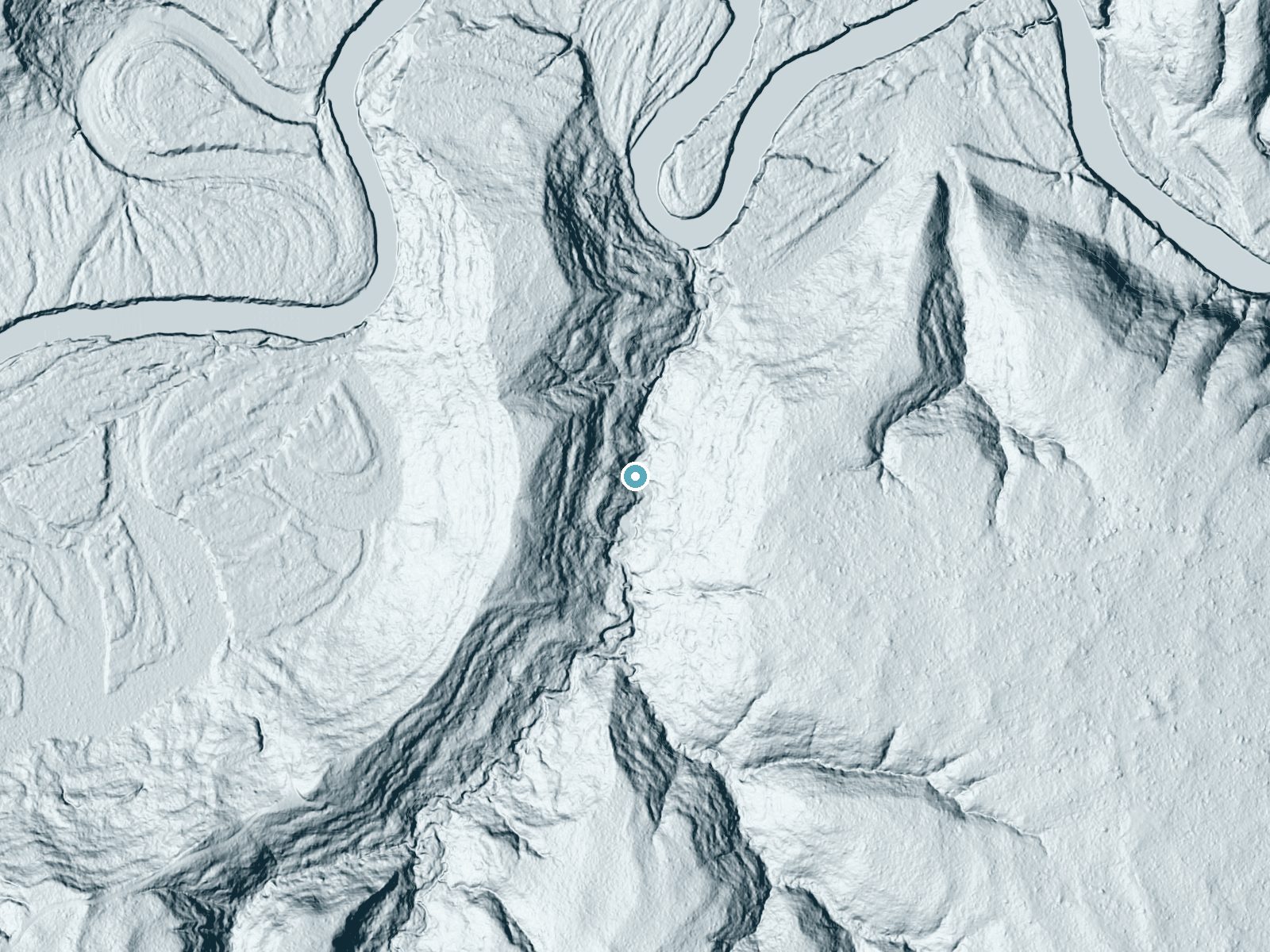 LiDAR bare-earth terrain around Sandstone Falls near Ewen, Michigan, showing about 56 feet of drop, a long cascade, facing east