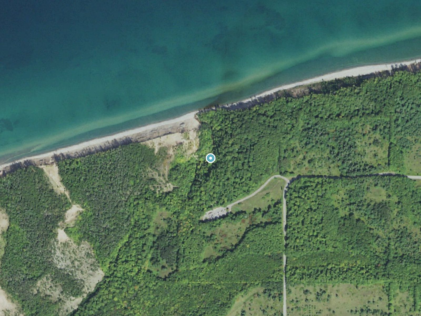 Aerial photo of the same ground around Sable Falls near Grand Marais, Michigan, for comparison with the lidar view