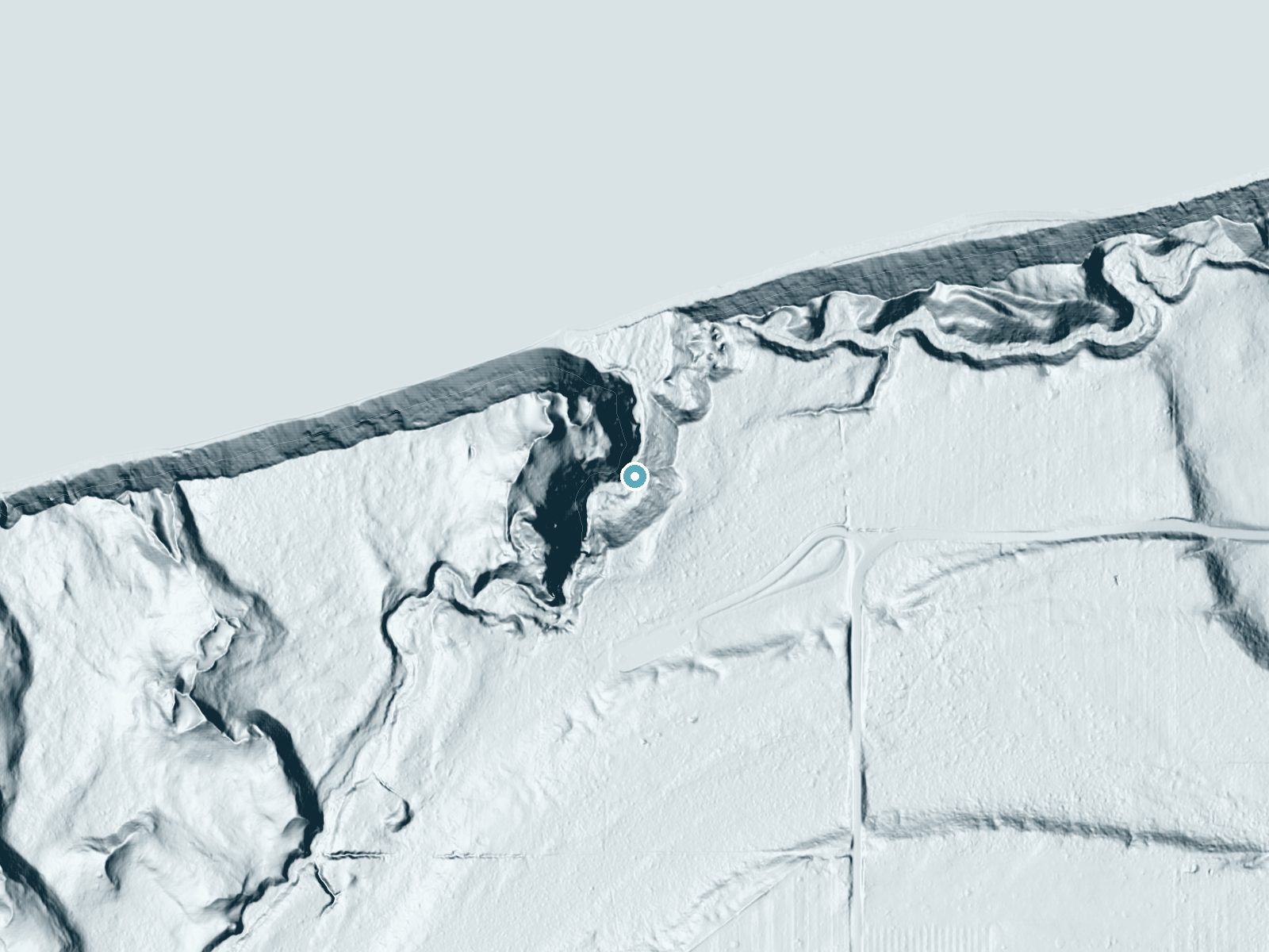 LiDAR bare-earth terrain around Sable Falls near Grand Marais, Michigan, showing about 120 feet of drop, a steep tiered drop, facing west