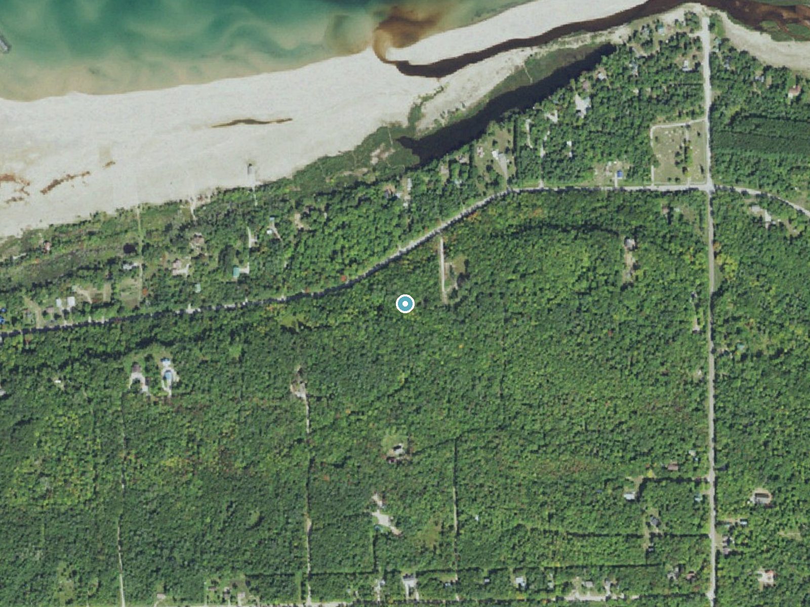 Aerial photo of the same ground around Chipmunk Falls near Grand Marais, Michigan, for comparison with the lidar view