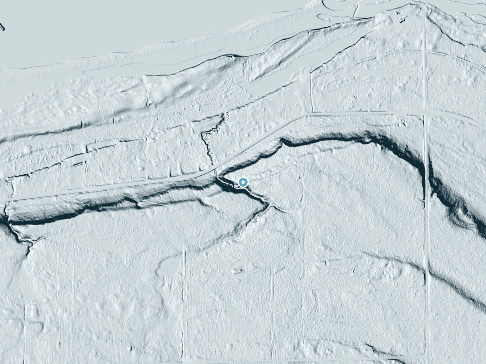 LiDAR bare-earth terrain around Chipmunk Falls near Grand Marais, Michigan, showing about 77 feet of drop, a steep tiered drop, facing northwest