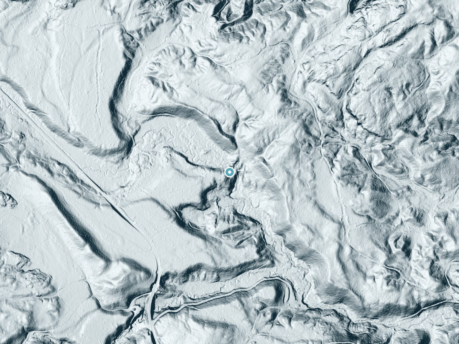 LiDAR bare-earth terrain around Big Garlic River Falls near Big Bay, Michigan, showing about 63 feet of drop, a long cascade, facing southeast