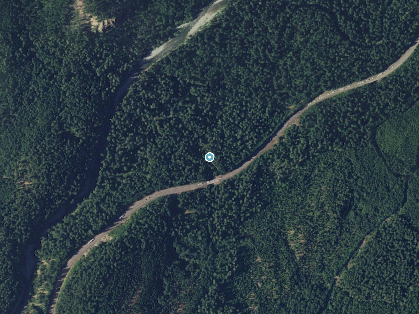 Aerial photo of the same ground around Grant Purcell Falls near Packwood, Washington, for comparison with the lidar view