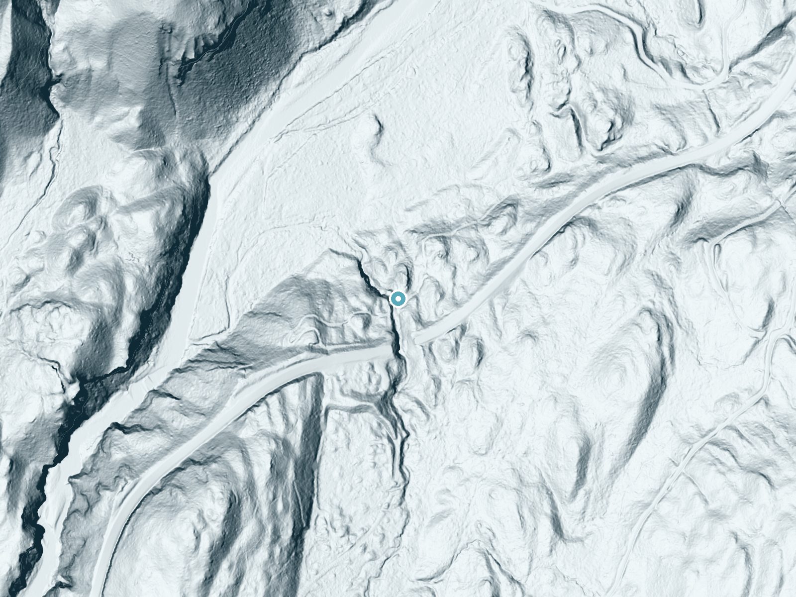 LiDAR bare-earth terrain around Grant Purcell Falls near Packwood, Washington, showing about 150 feet of drop, a long cascade, facing northwest