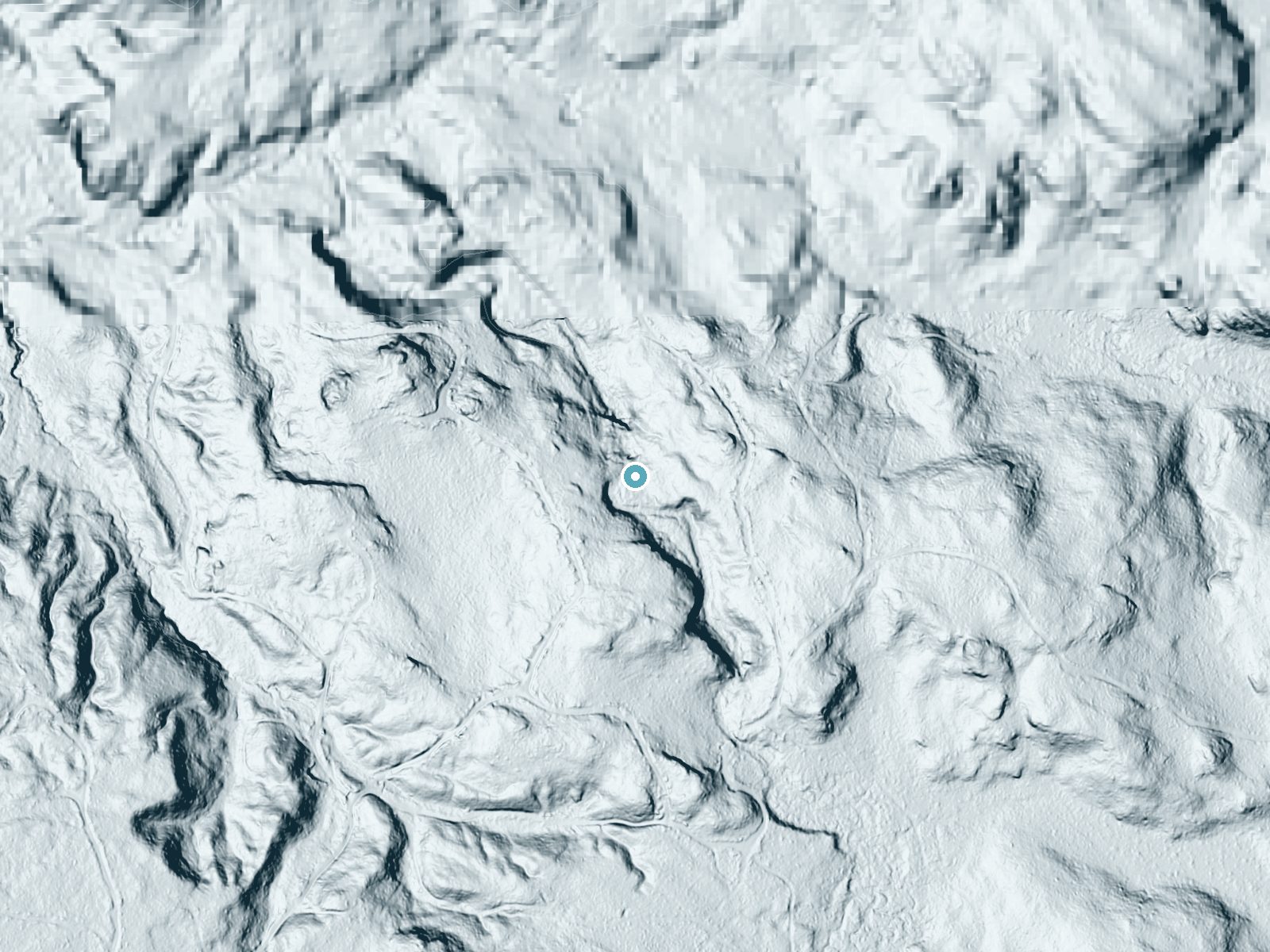 LiDAR bare-earth terrain around Upper Silver River Falls near L'Anse, Michigan, showing about 65 feet of drop, a long cascade, facing north