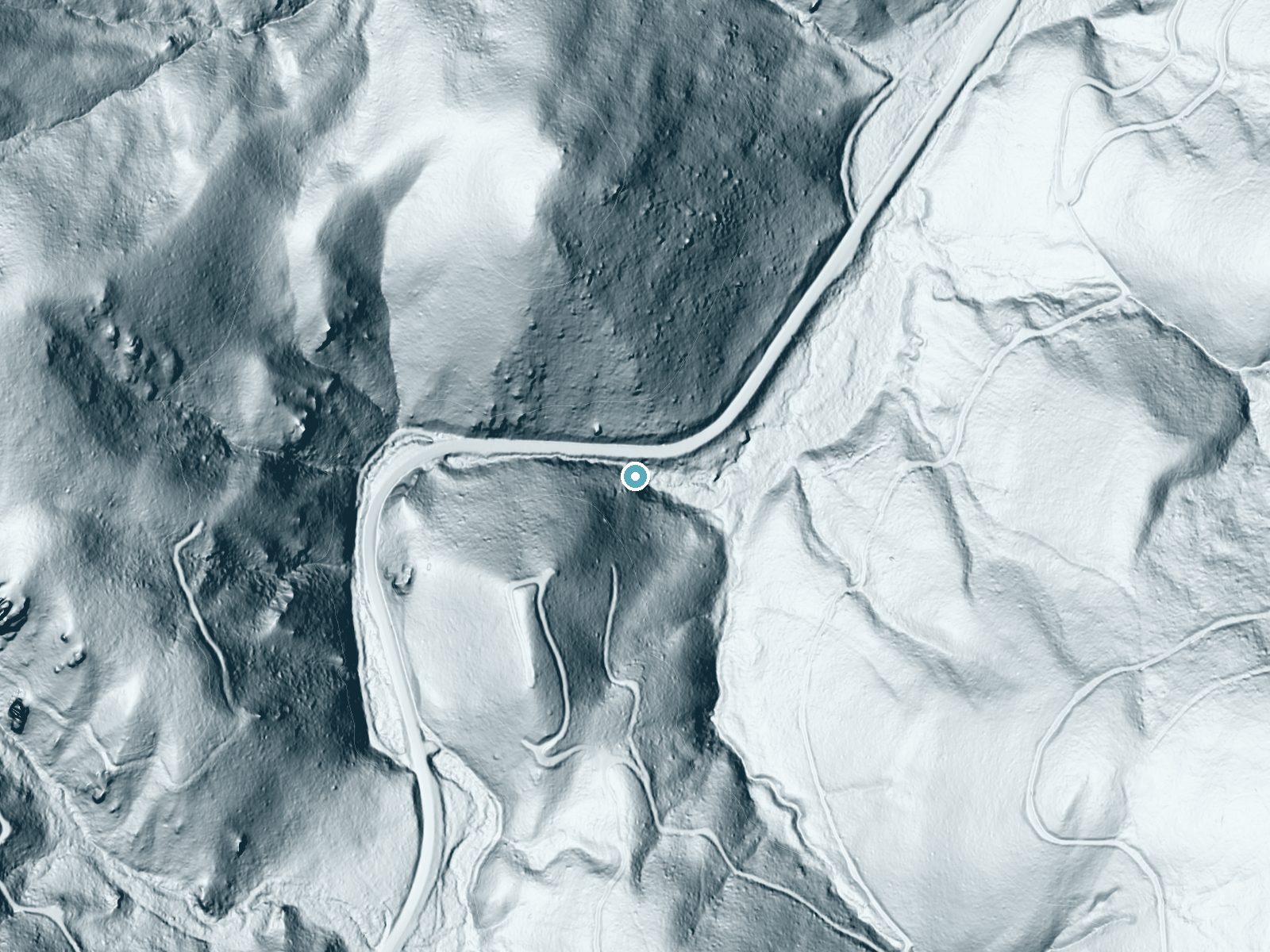 LiDAR bare-earth terrain around Snowshoe Falls near Cyr, Montana, showing about 214 feet of drop, a steep tiered drop, facing east