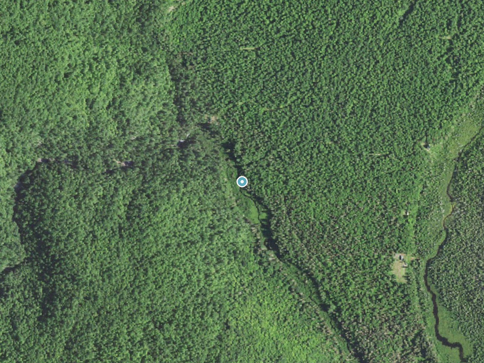 Aerial photo of the same ground around Mulligan Falls near Big Bay, Michigan, for comparison with the lidar view