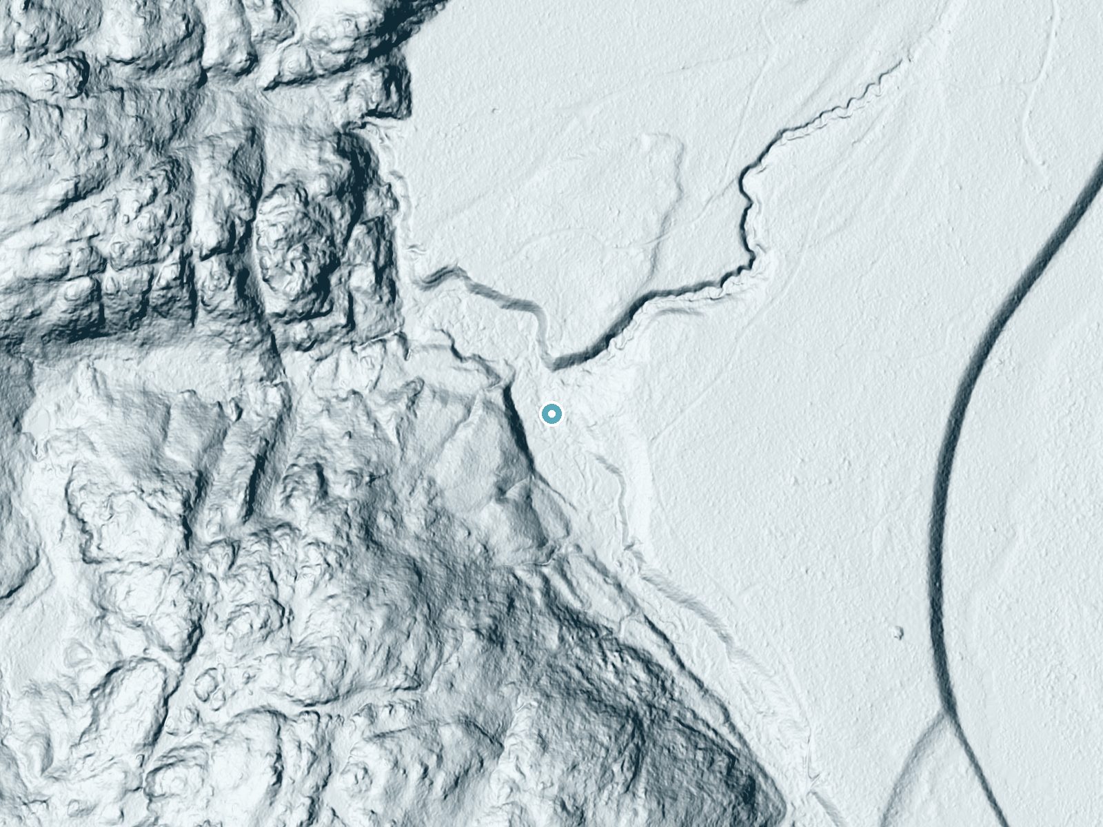 LiDAR bare-earth terrain around Mulligan Falls near Big Bay, Michigan, showing about 53 feet of drop