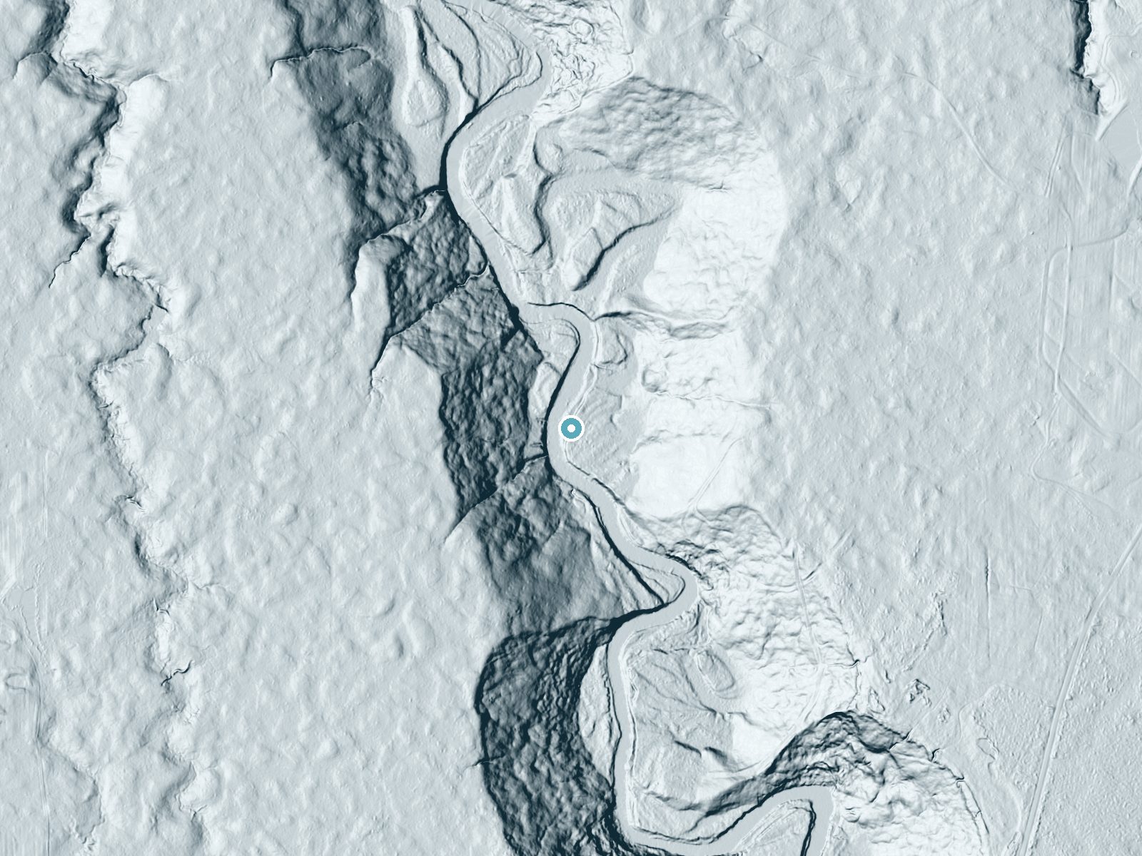 LiDAR bare-earth terrain around Shale Falls near Brule, Wisconsin, showing about 28 feet of drop, a long cascade, facing northeast