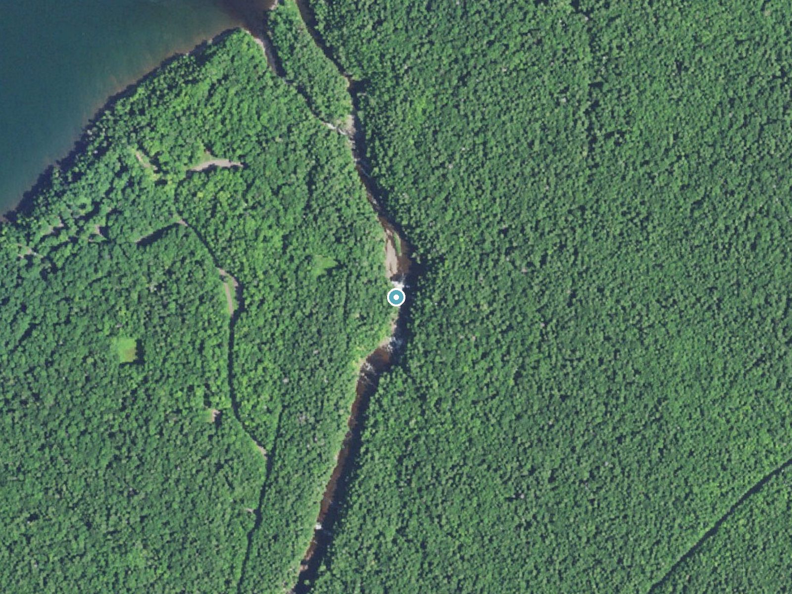 Aerial photo of the same ground around Manido Falls near Ramsay, Michigan, for comparison with the lidar view
