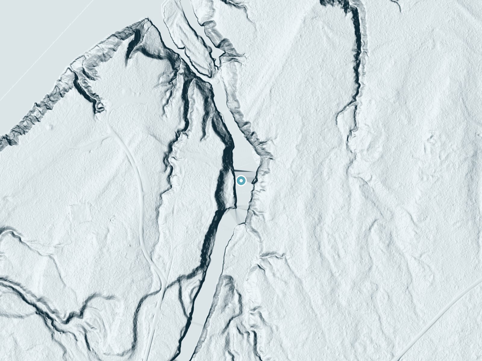 LiDAR bare-earth terrain around Manido Falls near Ramsay, Michigan, showing about 84 feet of drop, a long cascade, facing northeast