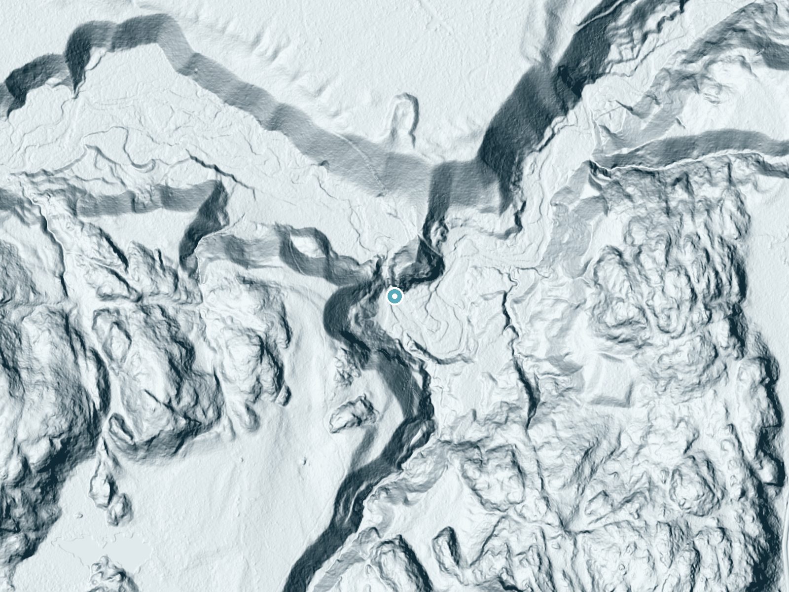 LiDAR bare-earth terrain around Pinnacle Falls near Big Bay, Michigan, showing about 131 feet of drop, a long cascade, facing southeast