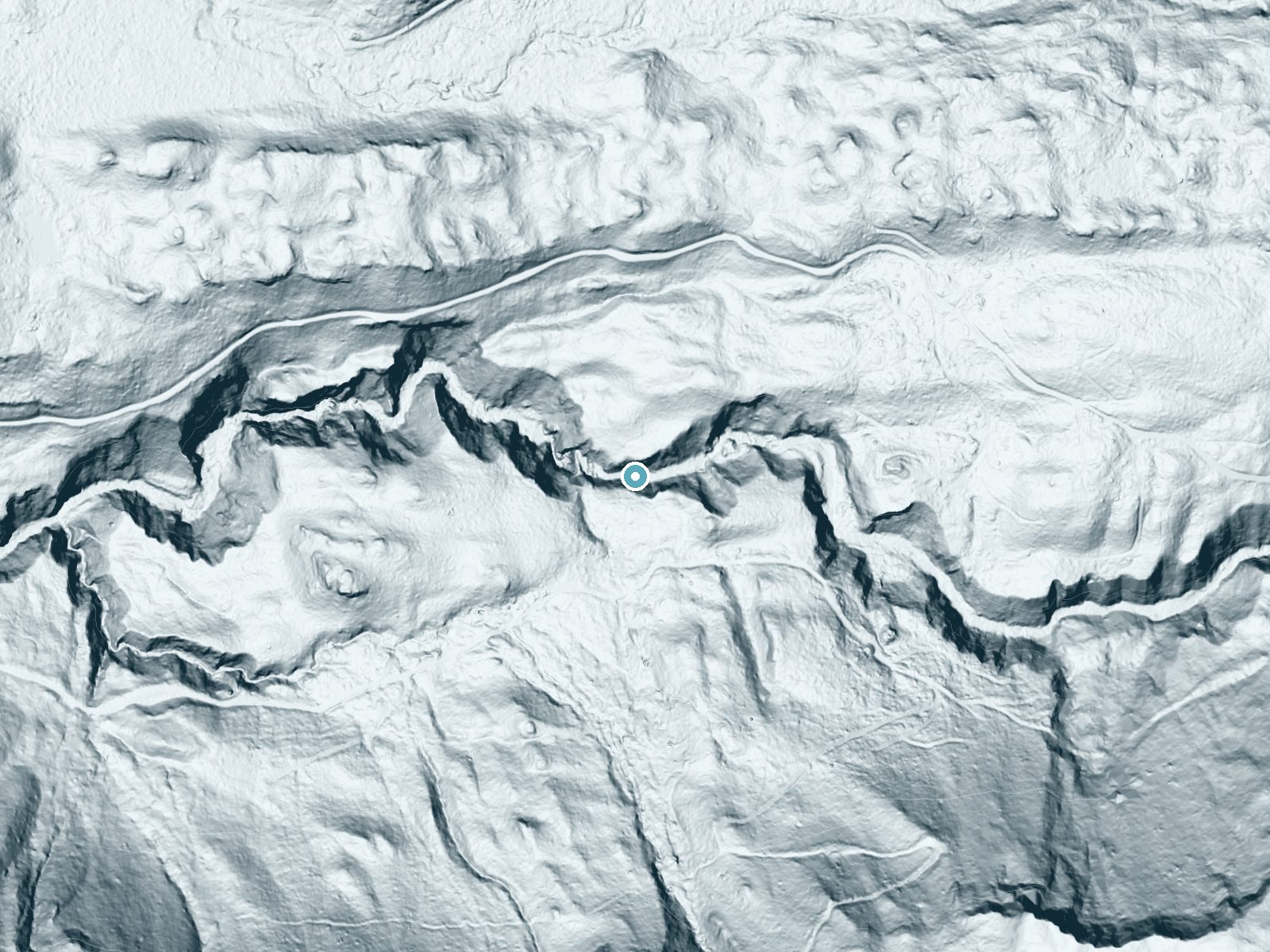LiDAR bare-earth terrain around Fish Ladder Falls near Packwood, Washington, showing about 153 feet of drop, a steep tiered drop, facing northwest