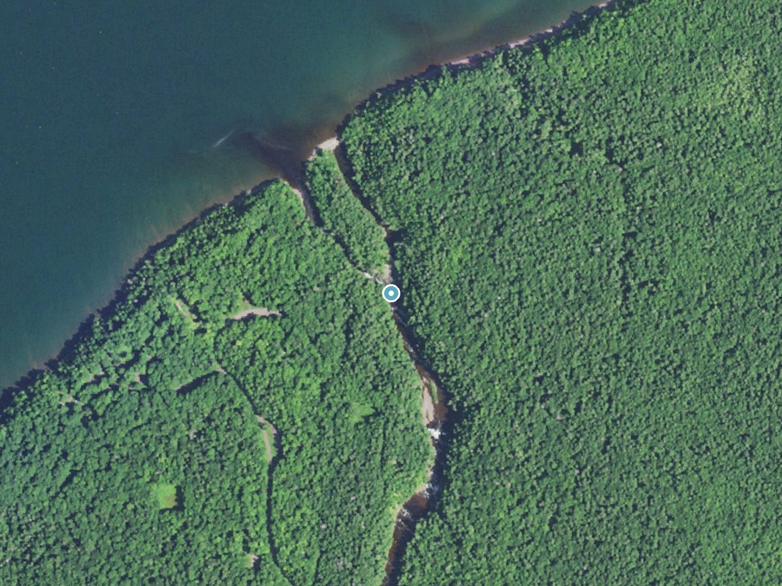Aerial photo of the same ground around Manabezho Falls near Ramsay, Michigan, for comparison with the lidar view