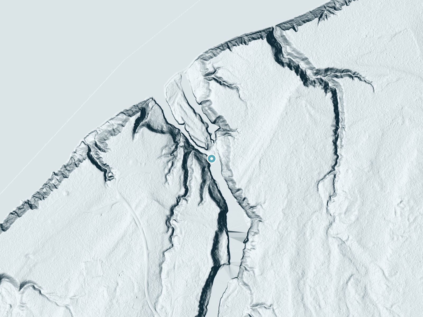 LiDAR bare-earth terrain around Manabezho Falls near Ramsay, Michigan, showing about 102 feet of drop, a long cascade, facing north