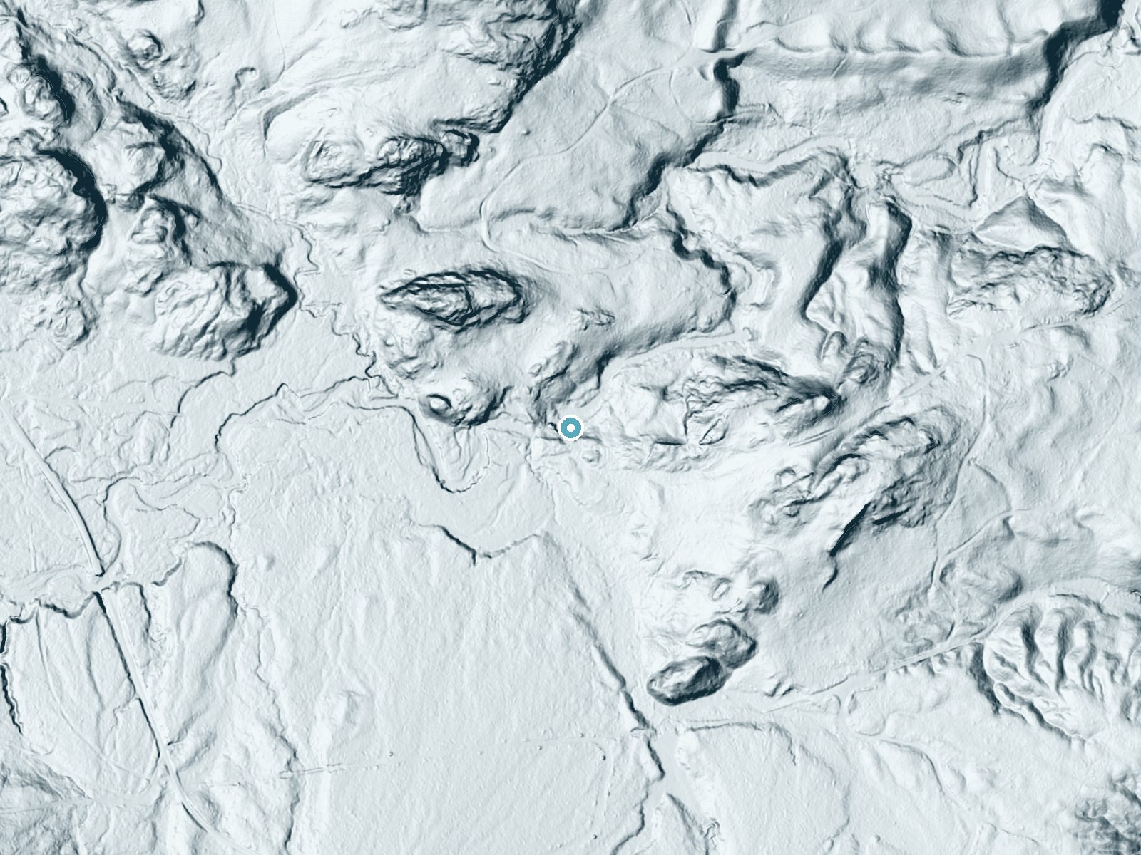 LiDAR bare-earth terrain around Yellow Dog River Falls near Big Bay, Michigan, showing about 52 feet of drop, a long cascade, facing north