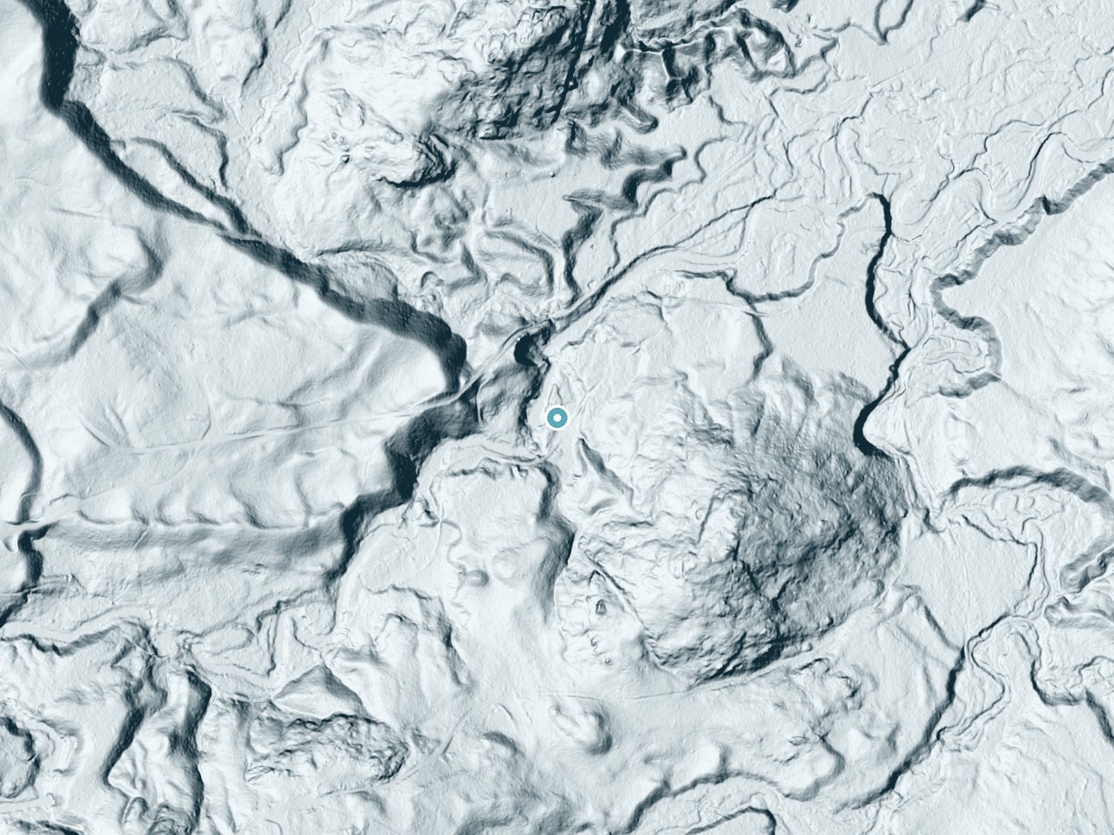 LiDAR bare-earth terrain around Bushy Creek Falls near Big Bay, Michigan, showing about 44 feet of drop, a long cascade, facing north