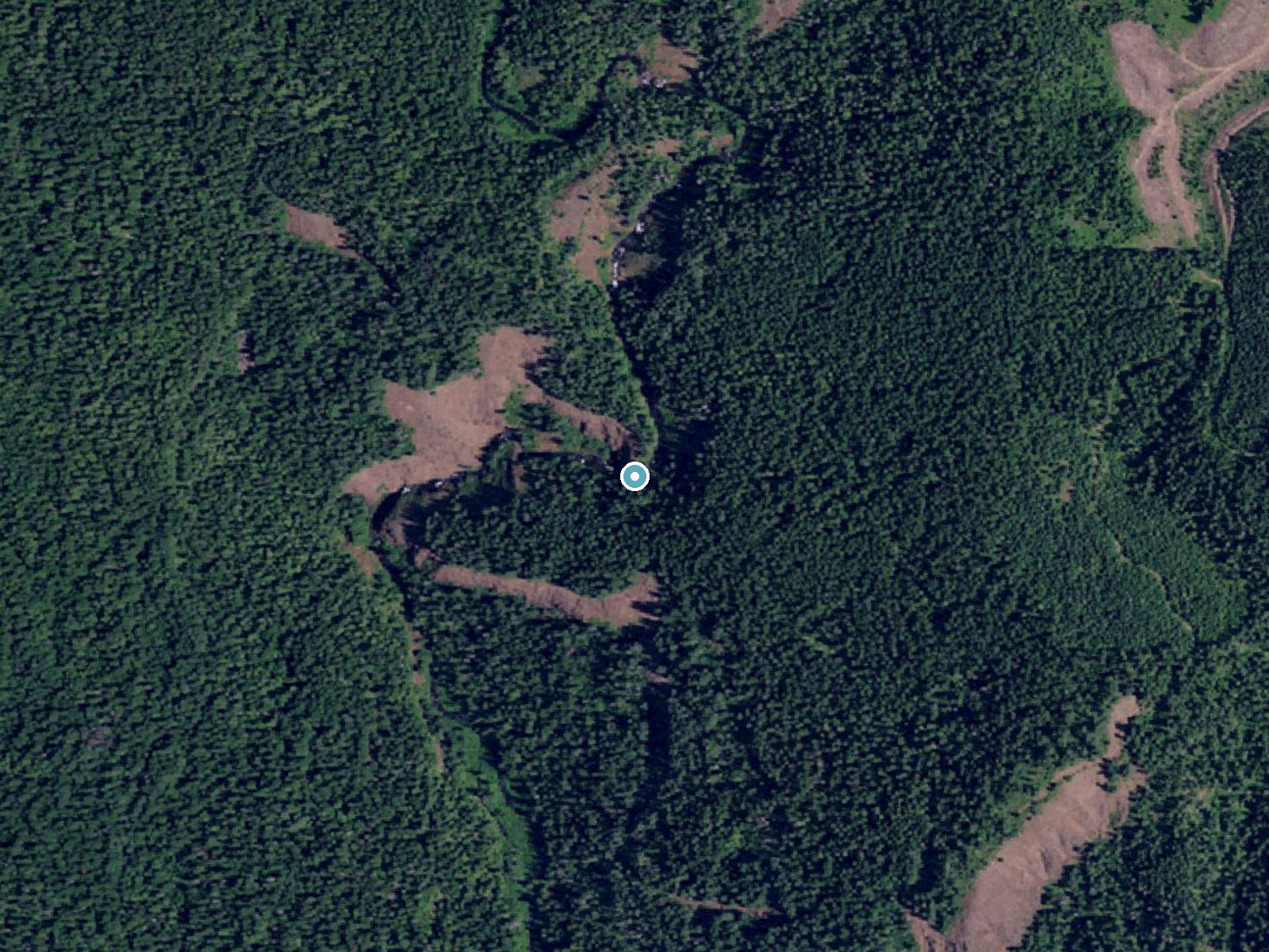 Aerial photo of the same ground around Elk Creek Falls near Elk River, Idaho, for comparison with the lidar view