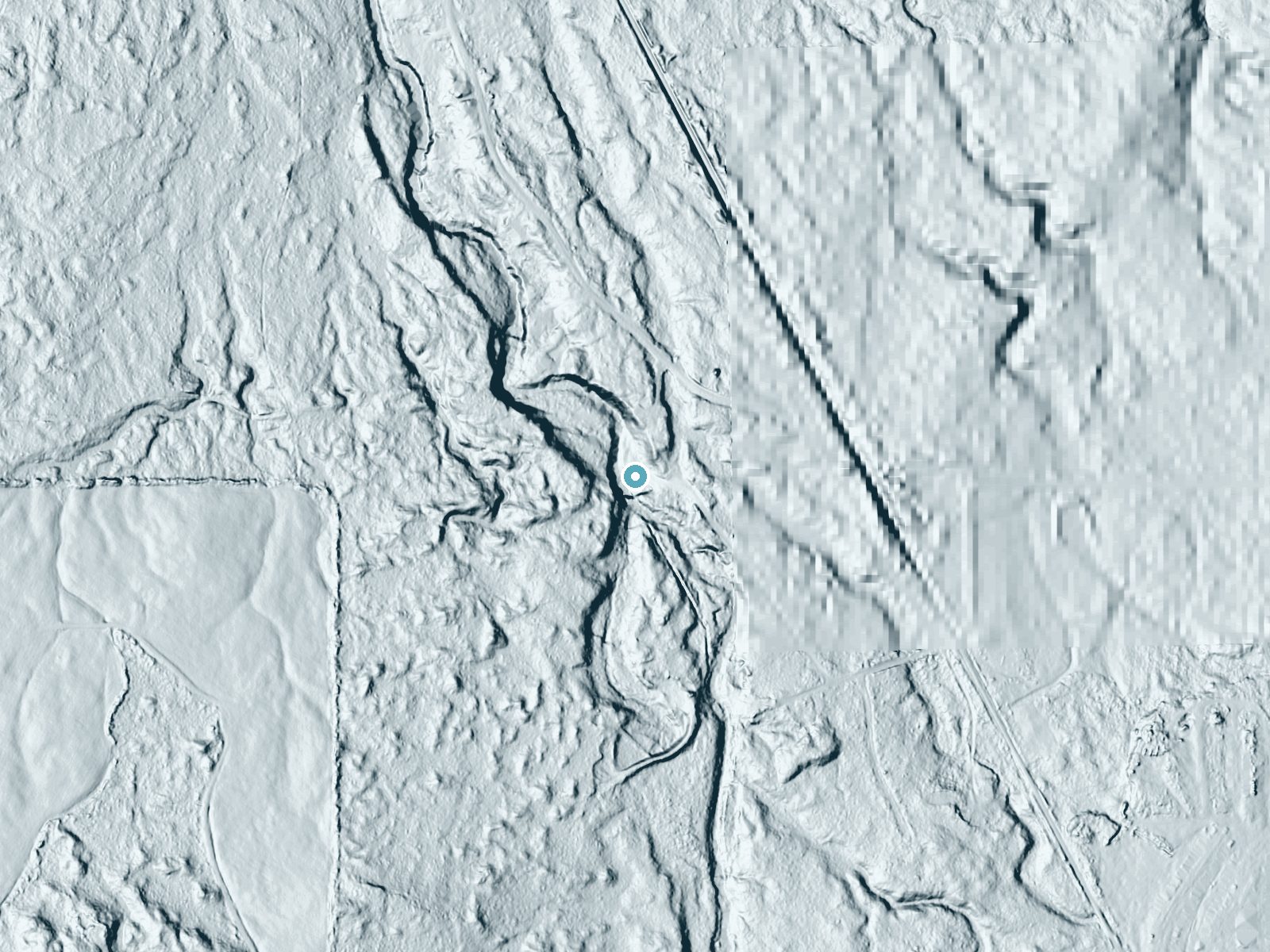 LiDAR bare-earth terrain around Power House Falls near L'Anse, Michigan, showing about 42 feet of drop, a long cascade, facing northwest