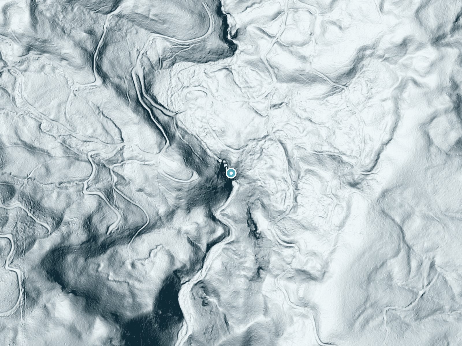 LiDAR bare-earth terrain around Bull Run Creek Falls near Elk River, Idaho, showing about 188 feet of drop, a steep tiered drop, facing south