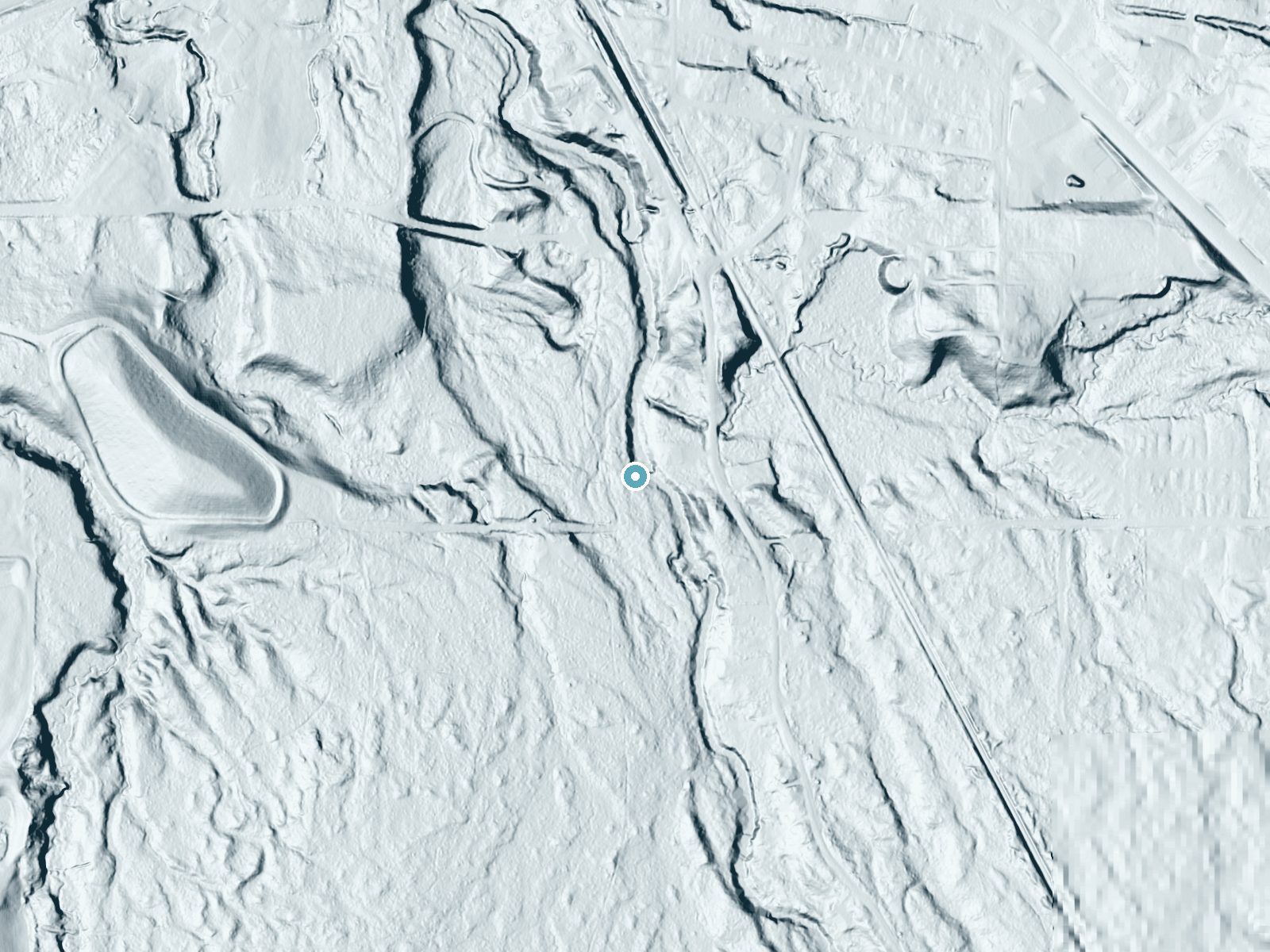 LiDAR bare-earth terrain around Middle Falls River Falls near L'Anse, Michigan, showing about 41 feet of drop, a long cascade, facing north