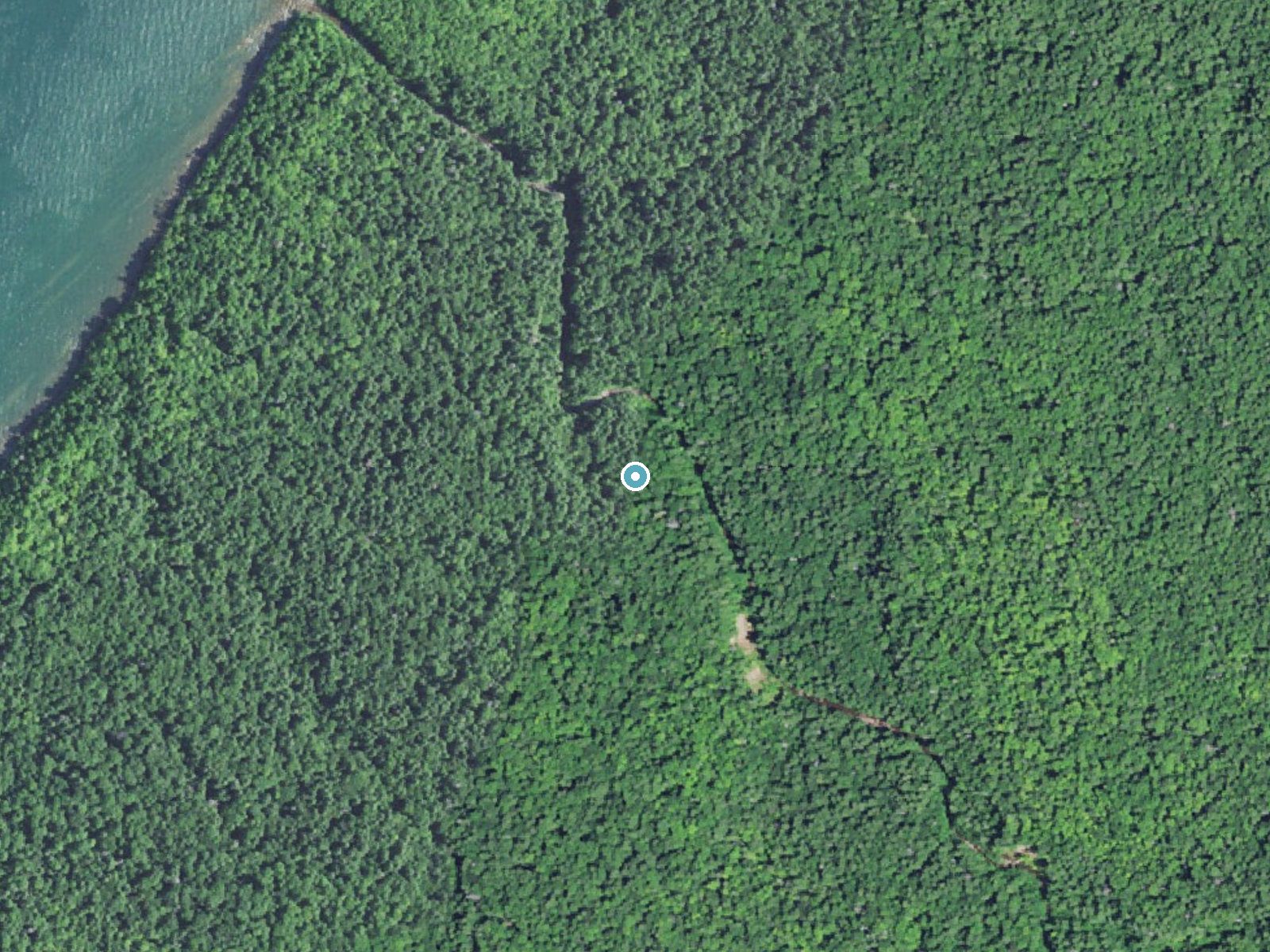 Aerial view of the ground around Traders Falls near White Pine, Michigan