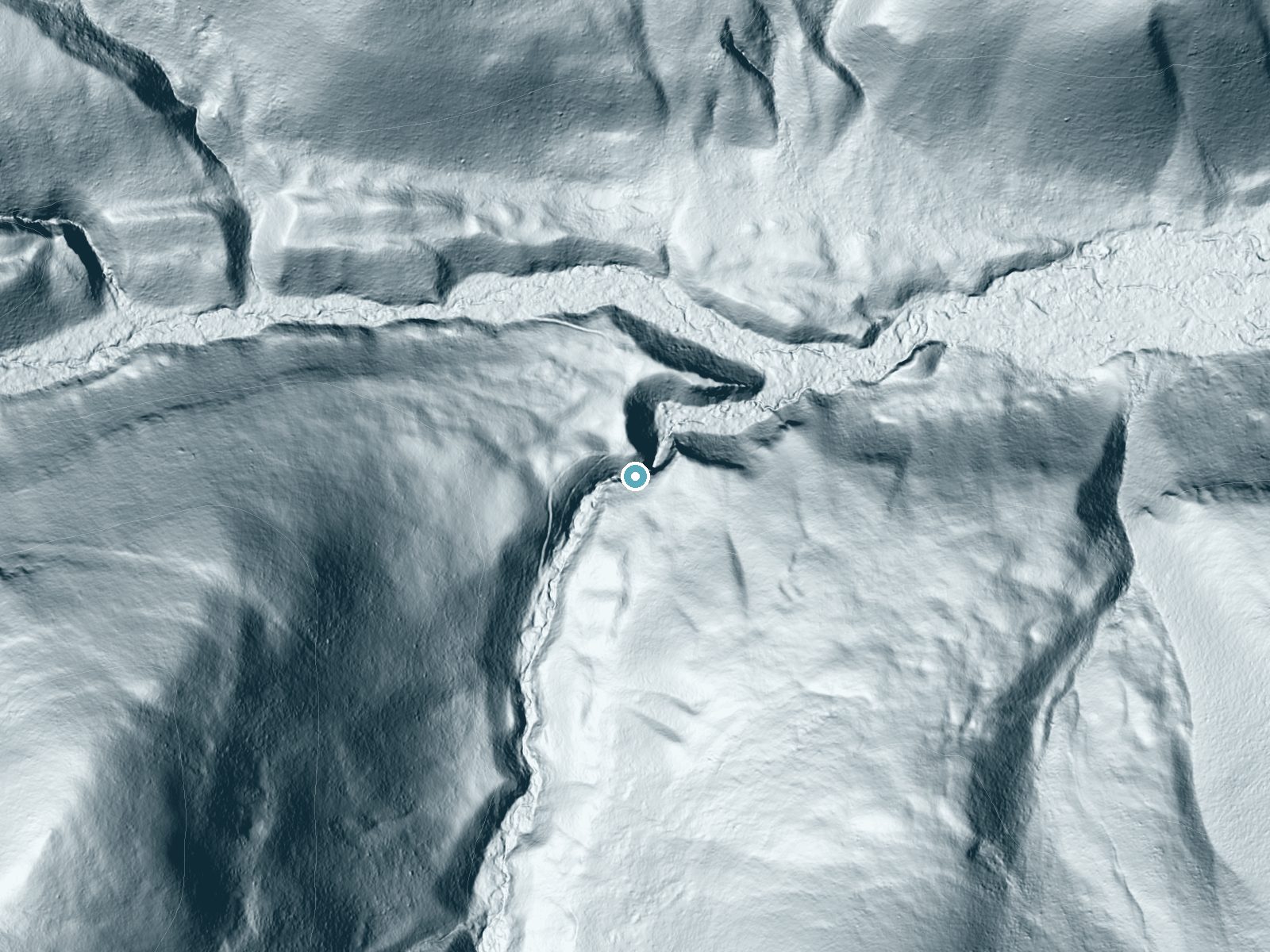 LiDAR bare-earth terrain around Paradise Falls near Marysville, Montana, showing about 147 feet of drop, a steep tiered drop, facing north