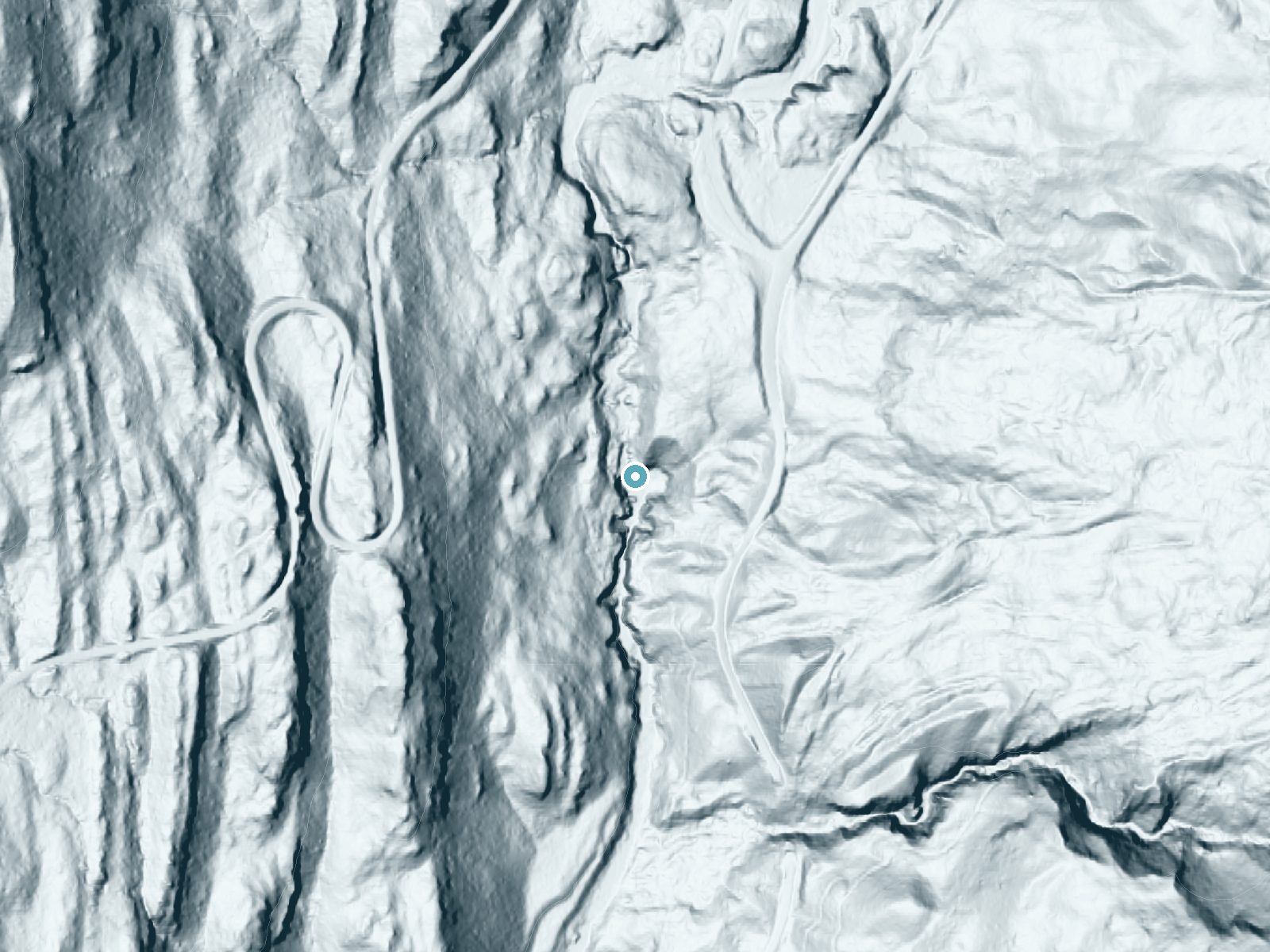 LiDAR bare-earth terrain around Silver Falls near Packwood, Washington, showing about 161 feet of drop, a steep tiered drop, facing south