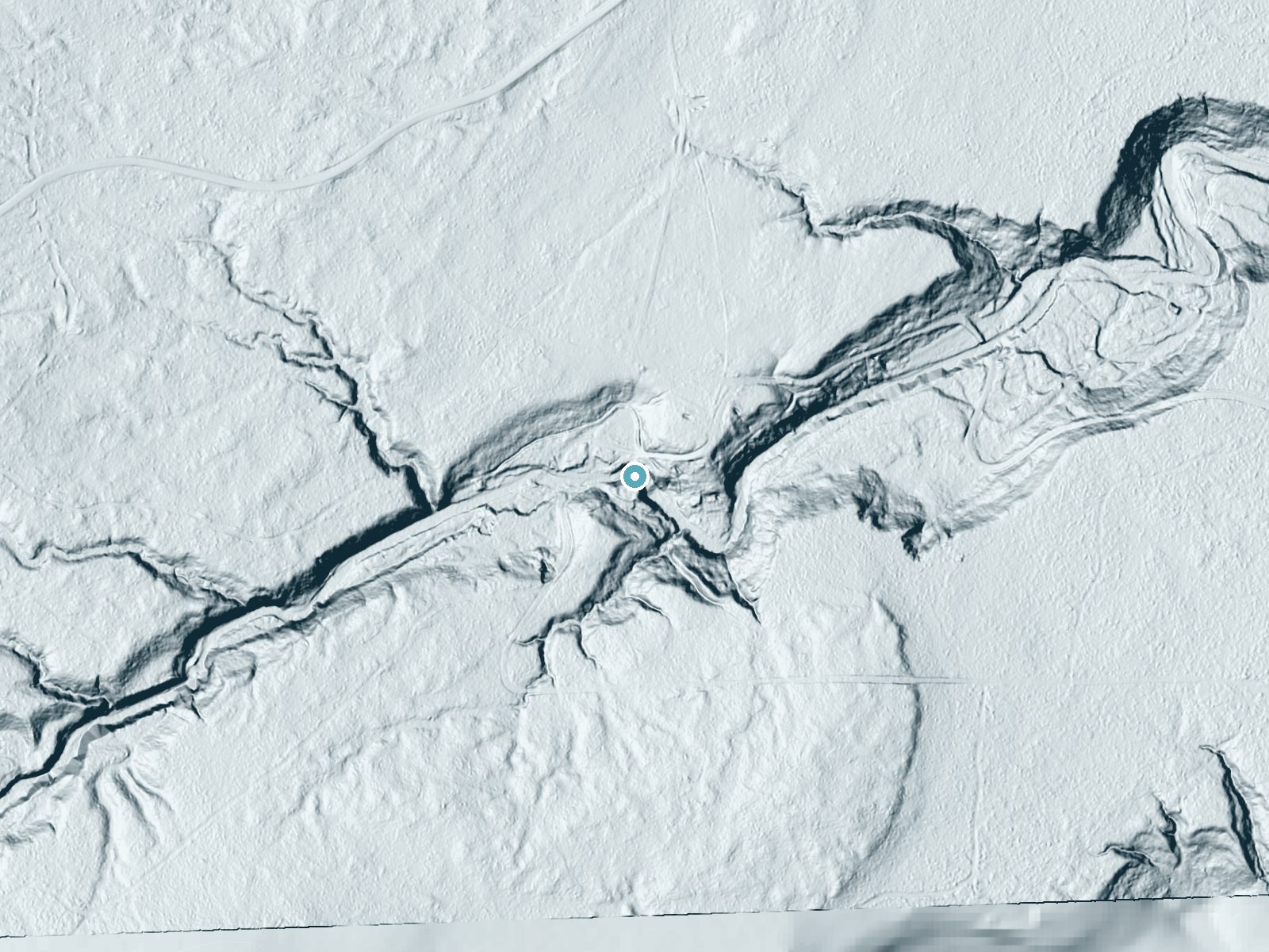 LiDAR bare-earth terrain around Nonesuch Falls near White Pine, Michigan, showing about 66 feet of drop, a long cascade, facing south