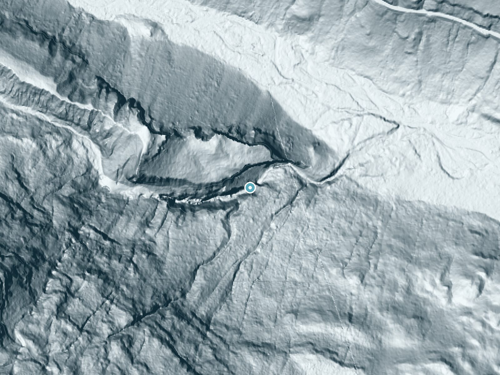 LiDAR bare-earth terrain around Maple Falls near Packwood, Washington, showing about 428 feet of drop, a steep tiered drop, facing east