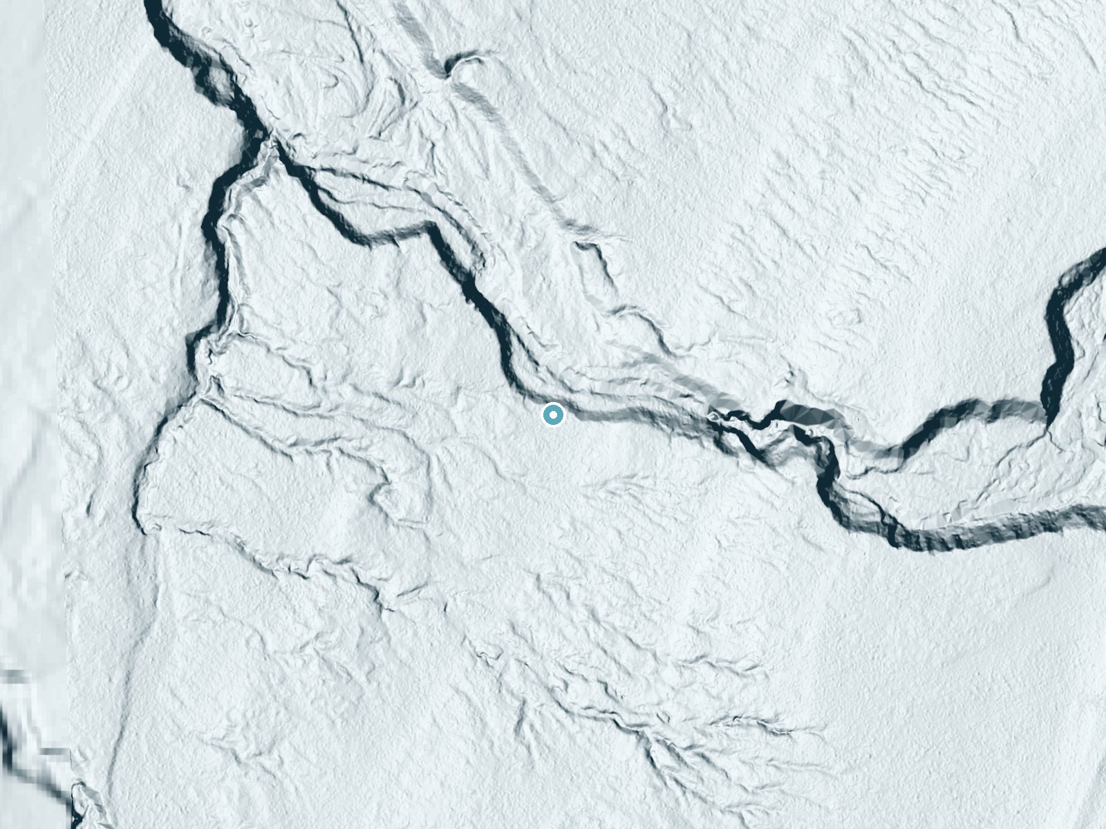 LiDAR bare-earth terrain around Shining Cloud Falls near White Pine, Michigan, showing about 49 feet of drop, a long cascade, facing north