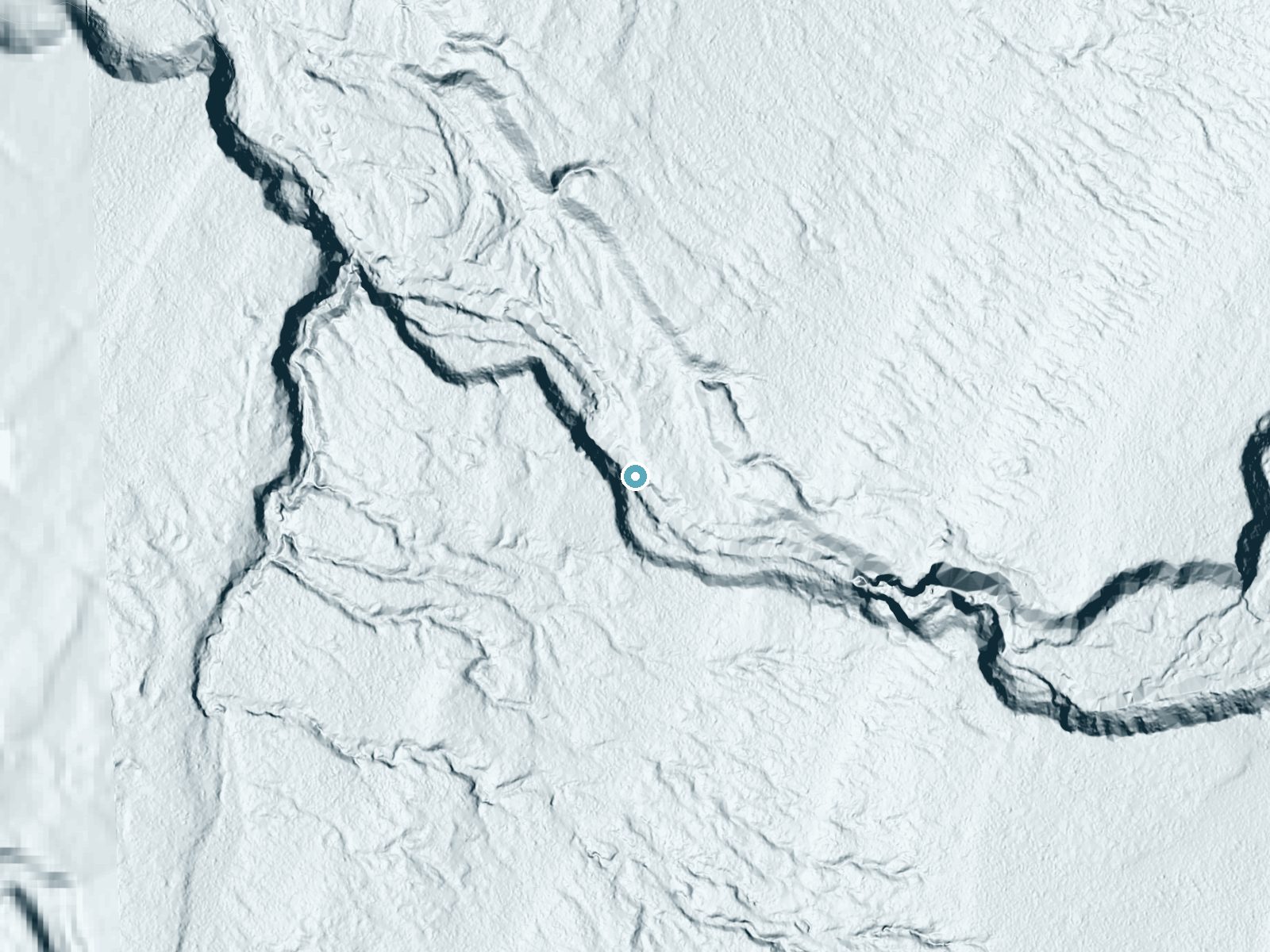 LiDAR bare-earth terrain around Big Carp Falls near White Pine, Michigan, showing about 58 feet of drop, a long cascade, facing northeast