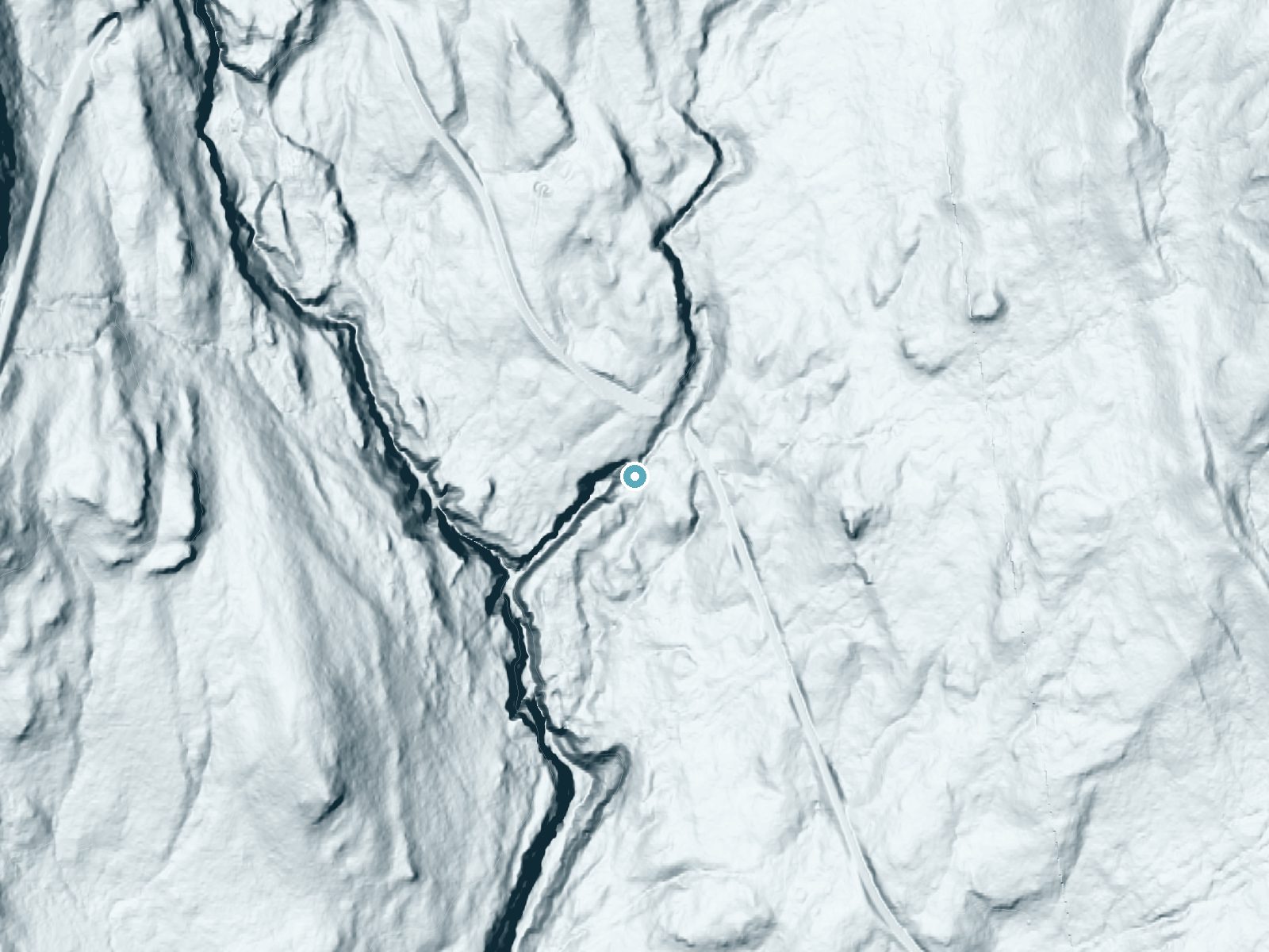 LiDAR bare-earth terrain around Cougar Falls near Packwood, Washington, showing about 210 feet of drop, a long cascade, facing southwest