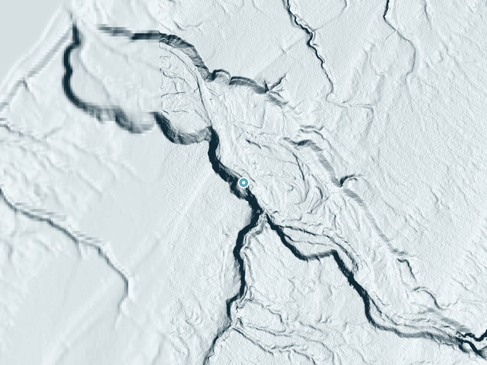 LiDAR bare-earth terrain around Bathtub Falls near White Pine, Michigan, showing about 83 feet of drop, a long cascade, facing northeast
