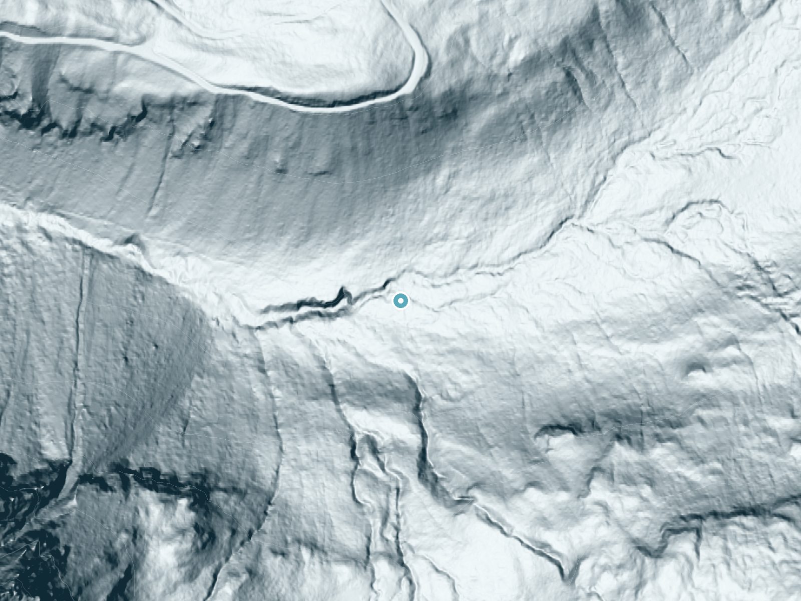 LiDAR bare-earth terrain around Carter Falls near Ashford, Washington, showing about 86 feet of drop, a long cascade, facing west