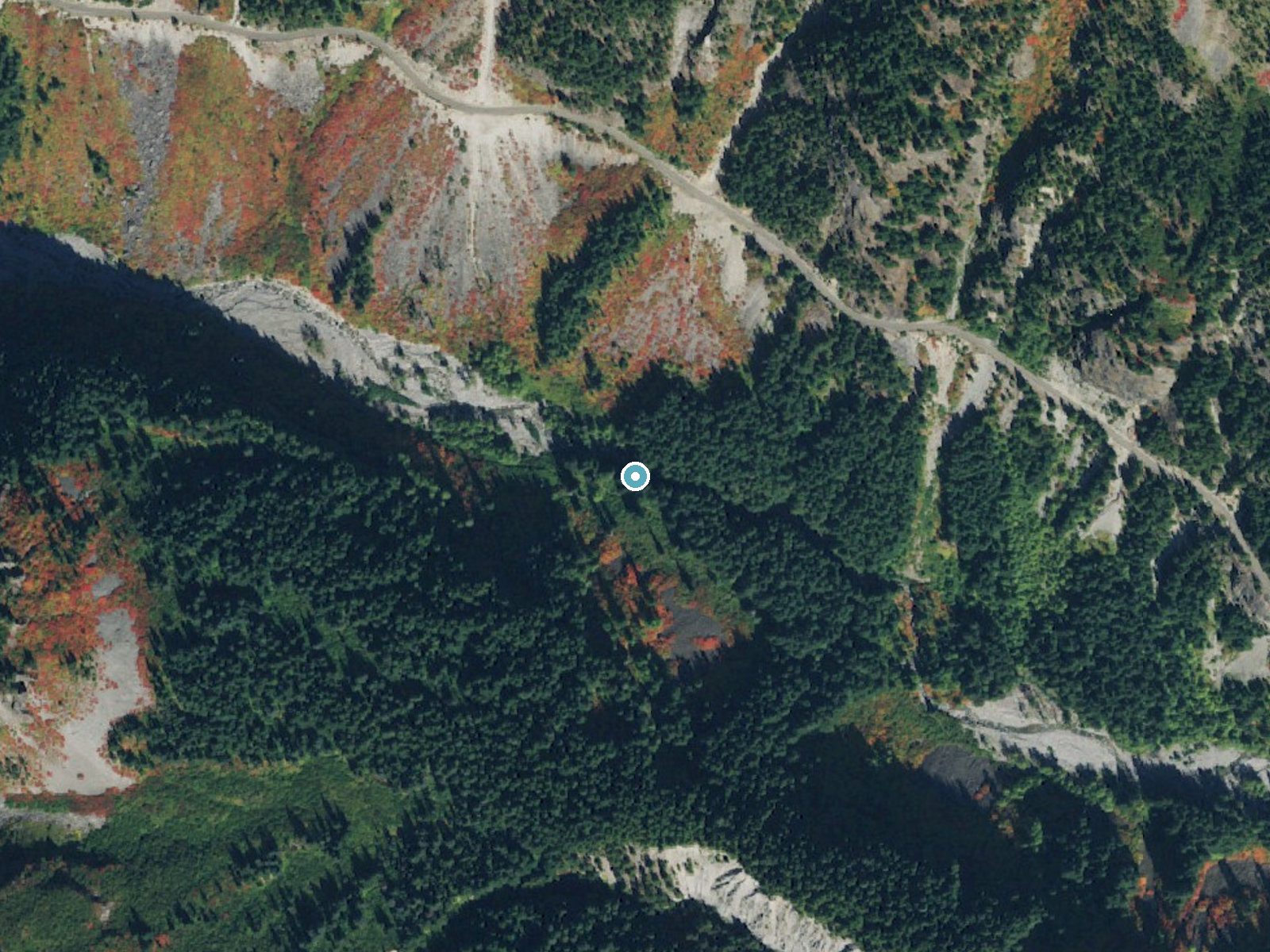 Aerial photo of the same ground around Sylvia Falls near Packwood, Washington, for comparison with the lidar view