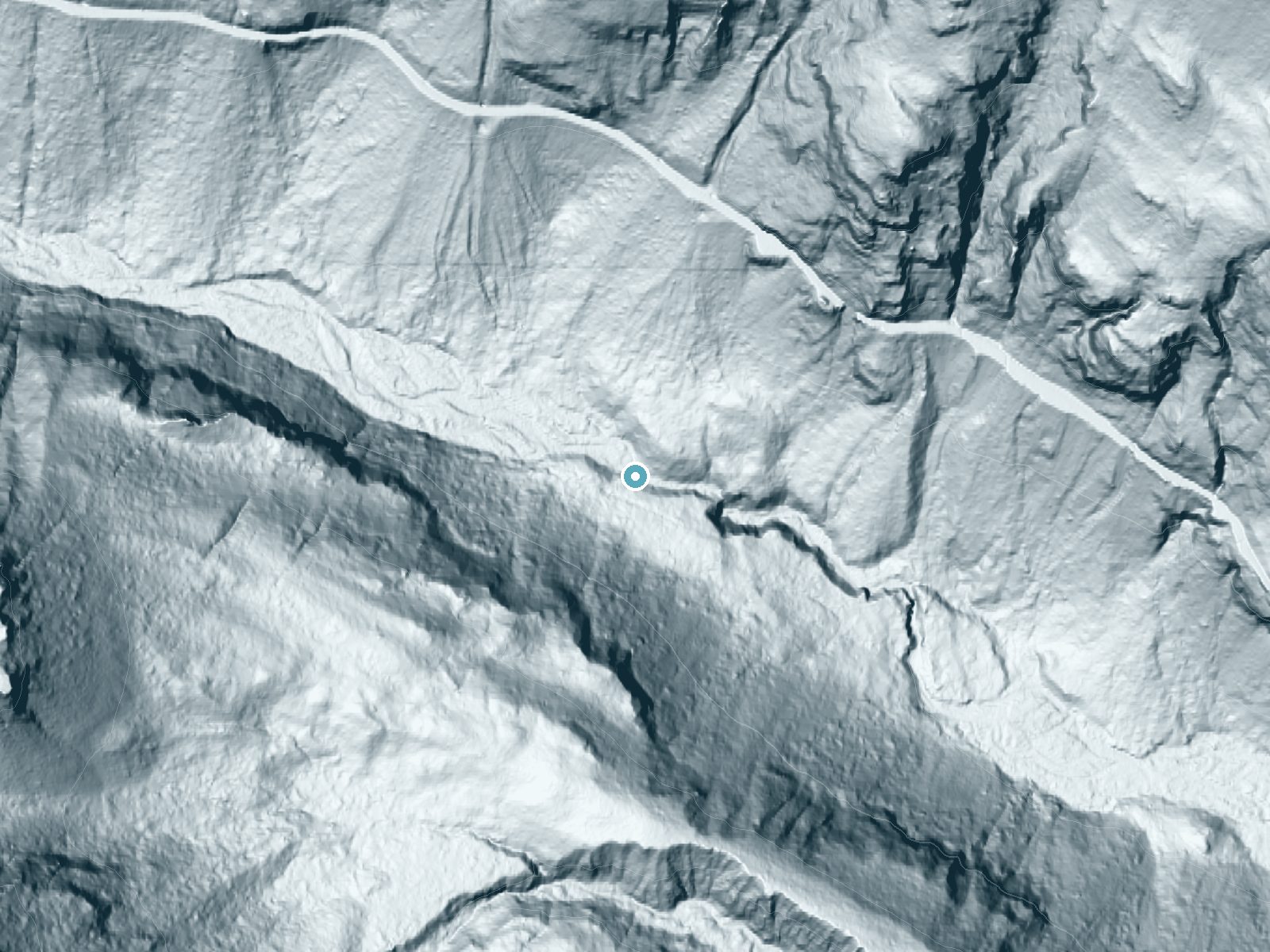LiDAR bare-earth terrain around Sylvia Falls near Packwood, Washington, showing about 105 feet of drop, a steep tiered drop, facing southwest