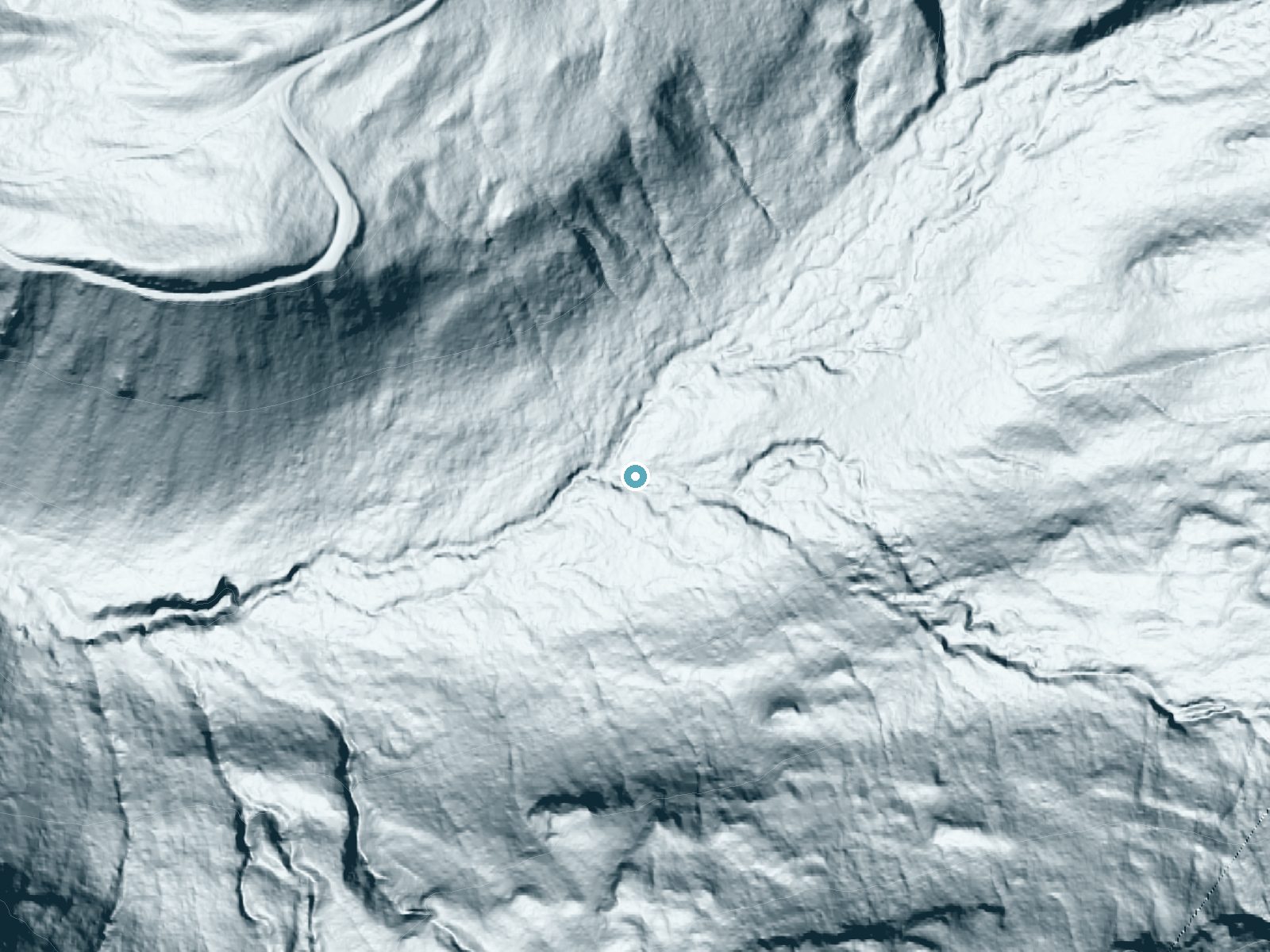 LiDAR bare-earth terrain around Madcap Falls near Ashford, Washington, showing about 62 feet of drop, a long cascade, facing west