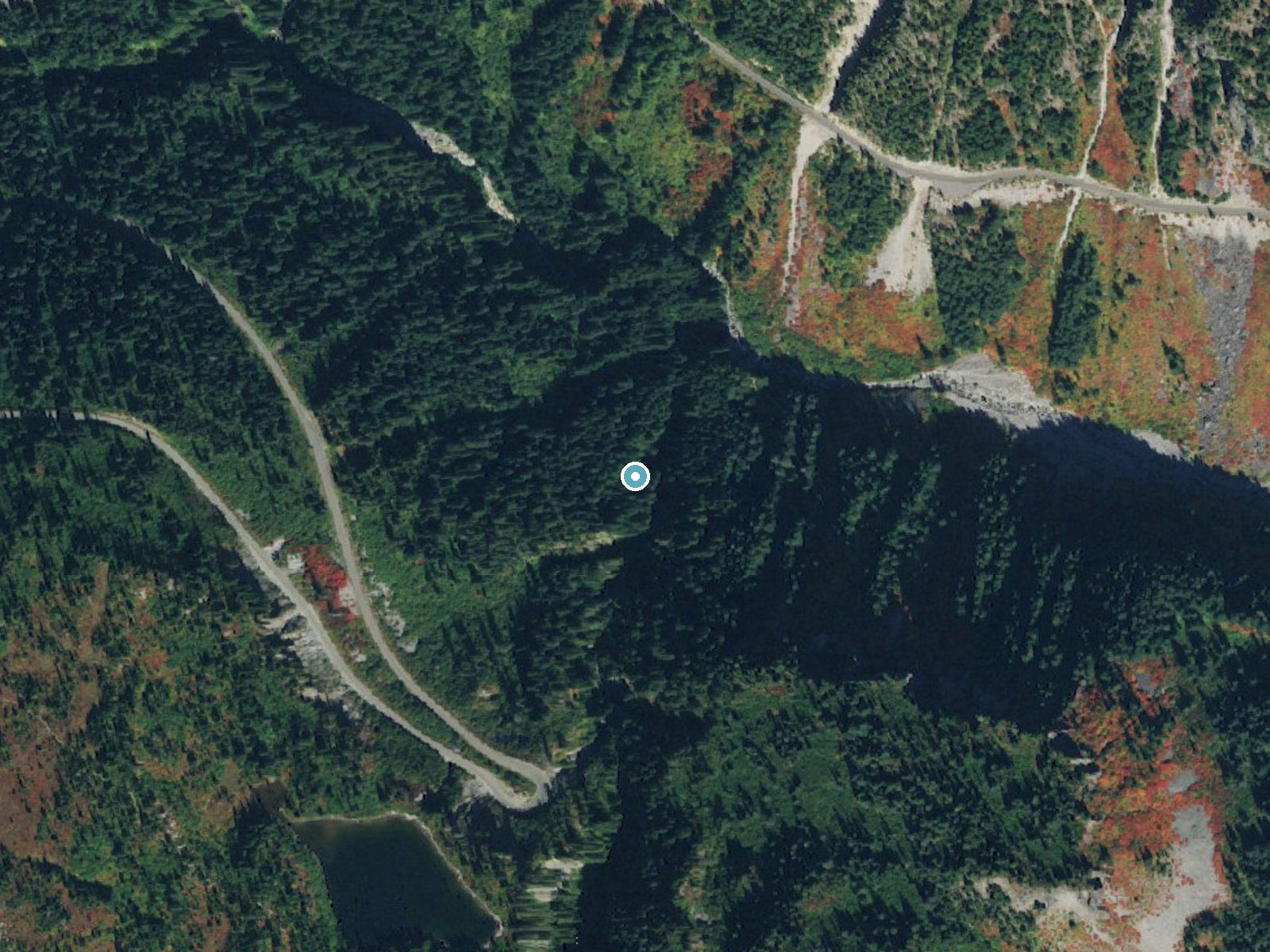 Aerial photo of the same ground around Martha Falls near Packwood, Washington, for comparison with the lidar view