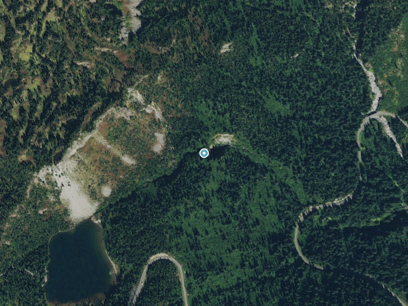 Aerial photo of the same ground around Sunbeam Falls near Packwood, Washington, for comparison with the lidar view