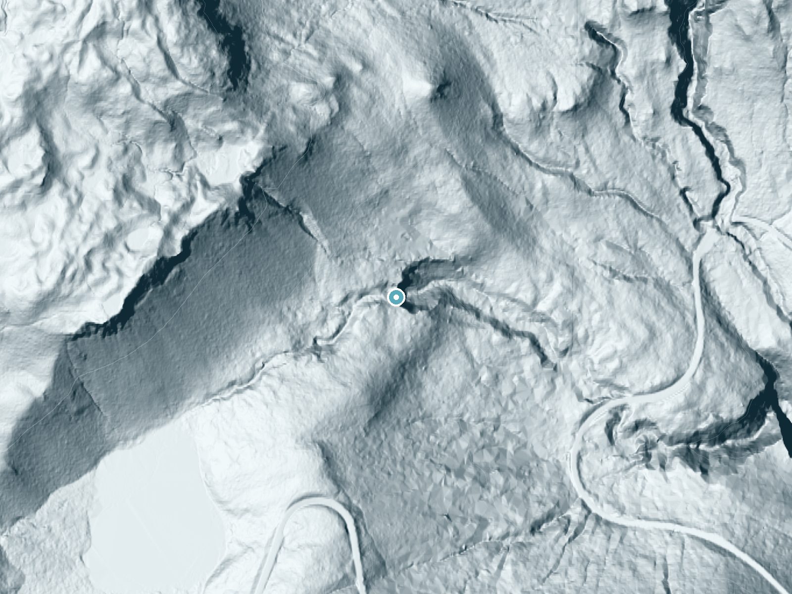 LiDAR bare-earth terrain around Sunbeam Falls near Packwood, Washington, showing about 237 feet of drop, a single sheer drop, facing east