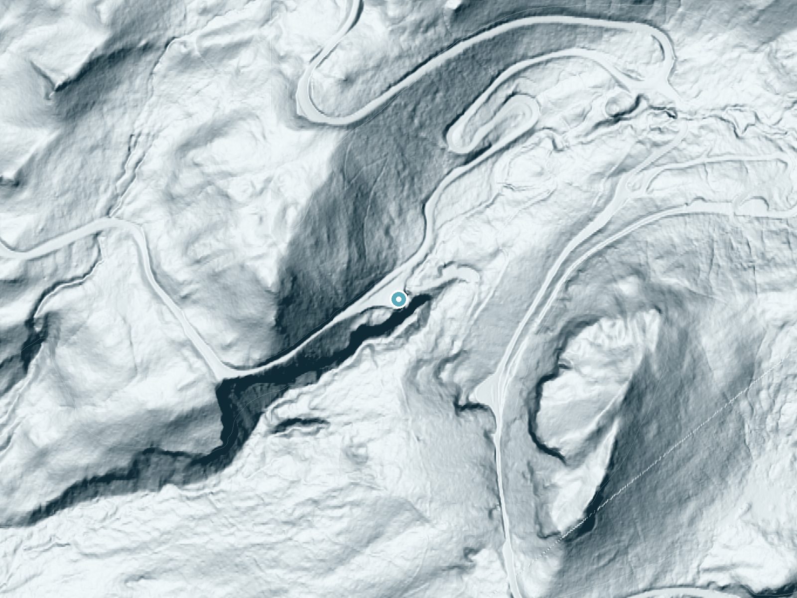 LiDAR bare-earth terrain around Narada Falls near Packwood, Washington, showing about 261 feet of drop, a single sheer drop, facing south
