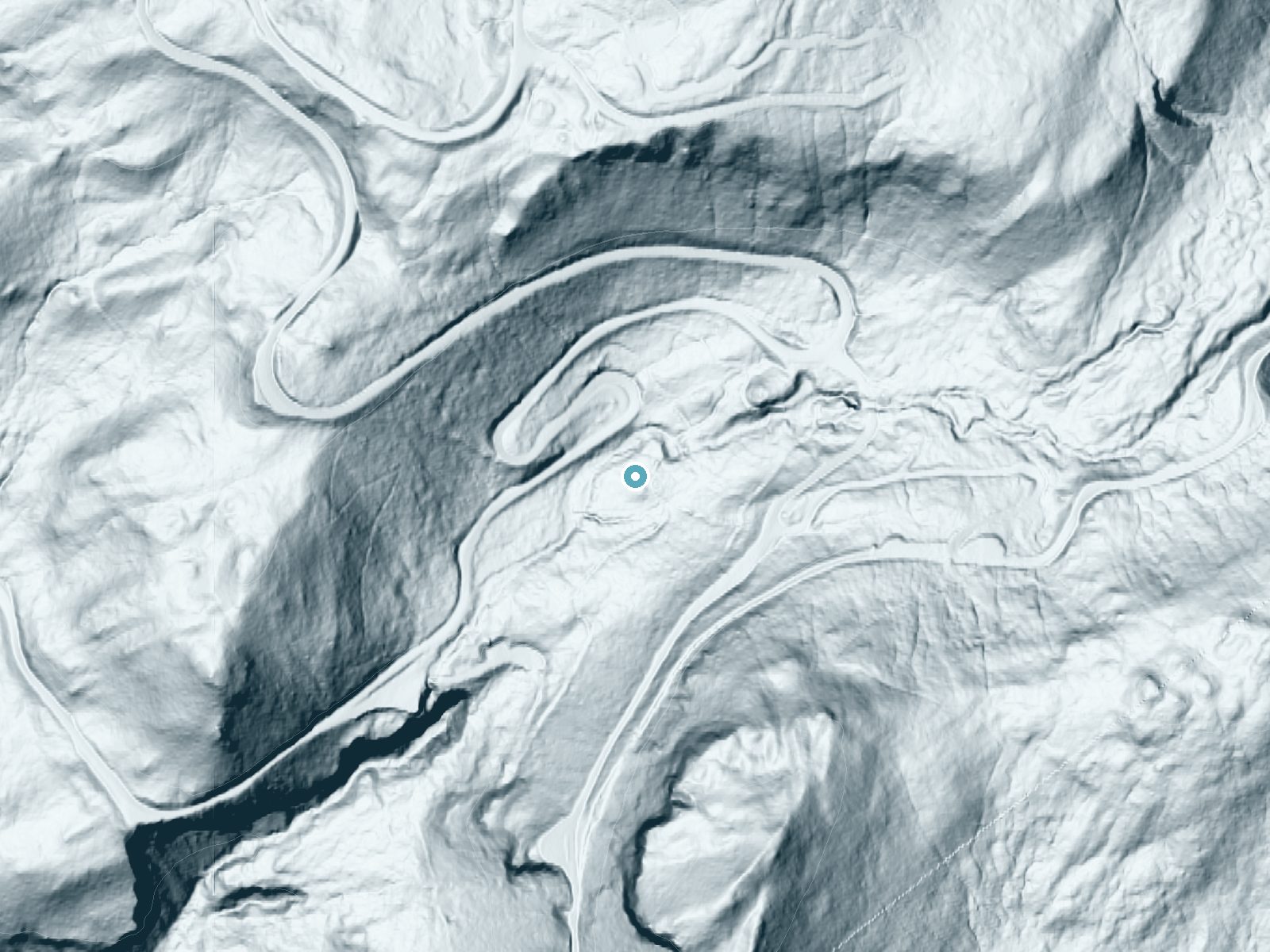 LiDAR bare-earth terrain around Washington Cascades near Packwood, Washington, showing about 79 feet of drop, a long cascade, facing west